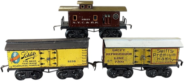 BING SCHLITZ CAR WITH CABOOSE AND REFRIGERATOR CAR