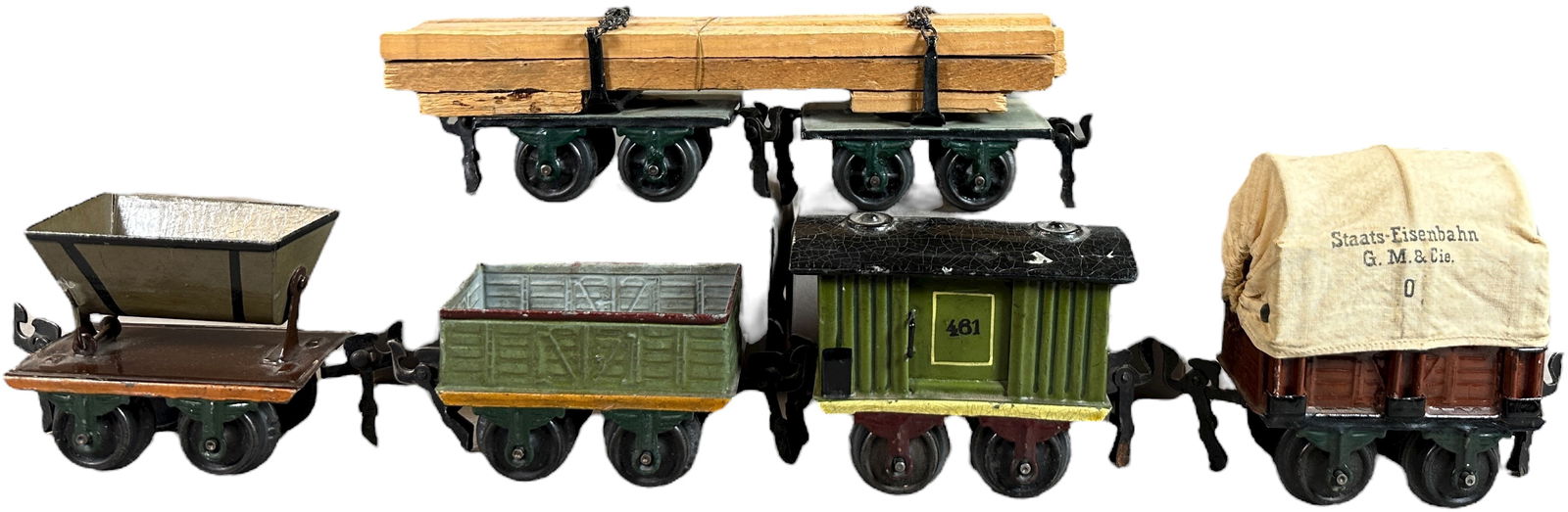 EARLY MARKLIN FREIGHT WAGONS: 144. EARLY MARKLIN FREIGHT WAGONS | O gauge, hand painted. | 8.5" l. | (Excellent Condition) | $500 - $750