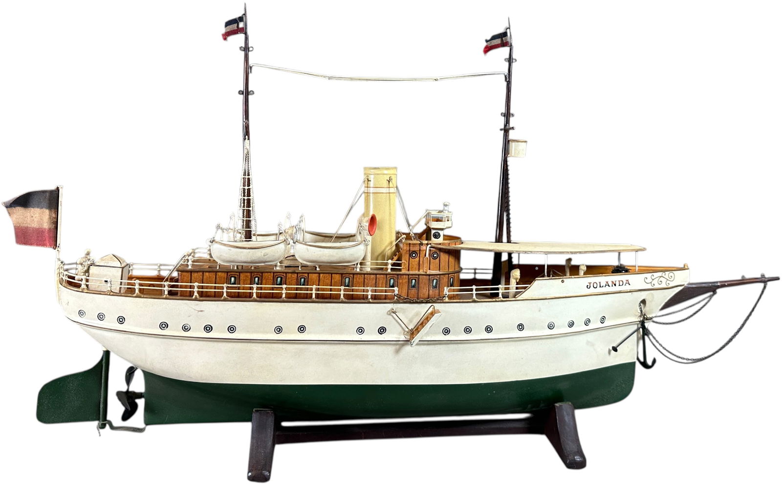 AUTHENTIC MARKLIN JOLANDA YACHT: 156. AUTHENTIC MARKLIN JOLANDA YACHT | Germany, clockwork motor, a very visually stimulating tin boat. | 30" l. | Professionally restored with some replacement parts and pieces as is usually expected