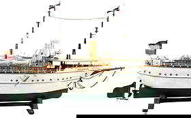 AUTHENTIC MARKLIN JOLANDA YACHT: 156. AUTHENTIC MARKLIN JOLANDA YACHT | Germany, clockwork motor, a very visually stimulating tin boat. | 30" l. | Professionally restored with some replacement parts and pieces as is usually expected