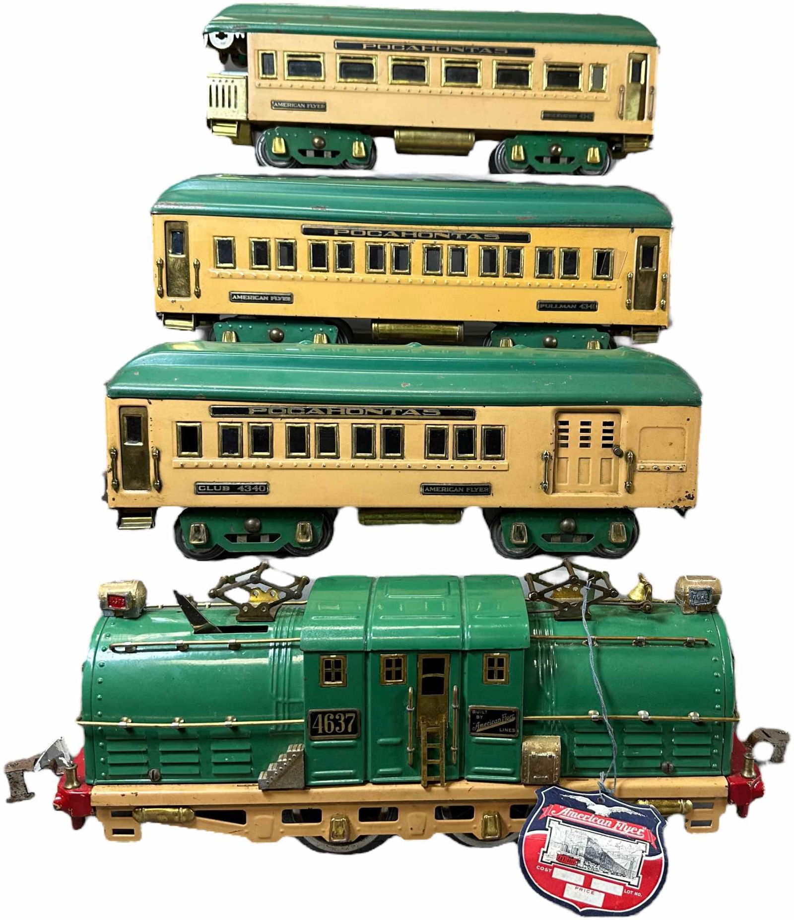 AMERICAN FLYER POCAHONTAS PASSENGER SET: 230. AMERICAN FLYER POCAHONTAS PASSENGER SET | Standard gauge, electric, with original price tag and box for loco. | 15" l. loco. | Missing dining car, drive wheels cracking, otherwise loco (Pristine