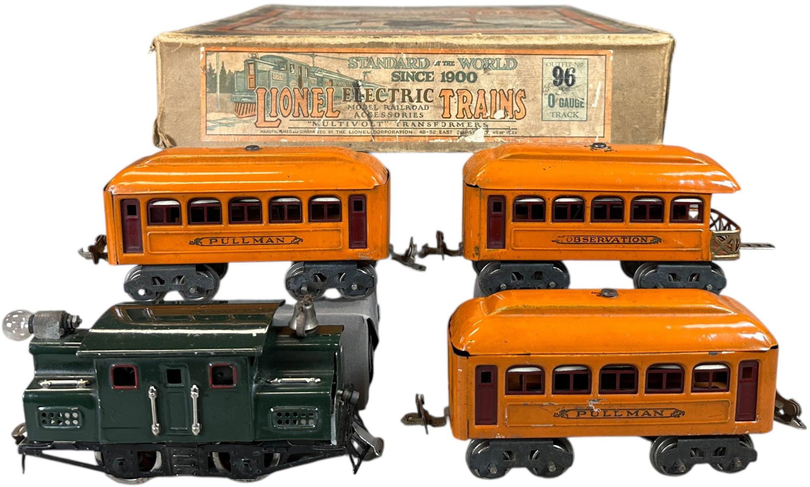 BOXED LIONEL OUTFIT NO.96: 232. BOXED LIONEL OUTFIT NO.96 | O gauge, electric. | 6.5" l. loco | One solder seem loose on corner of locomotive, otherwise (Excellent to Pristine Condition) | $500 - $800