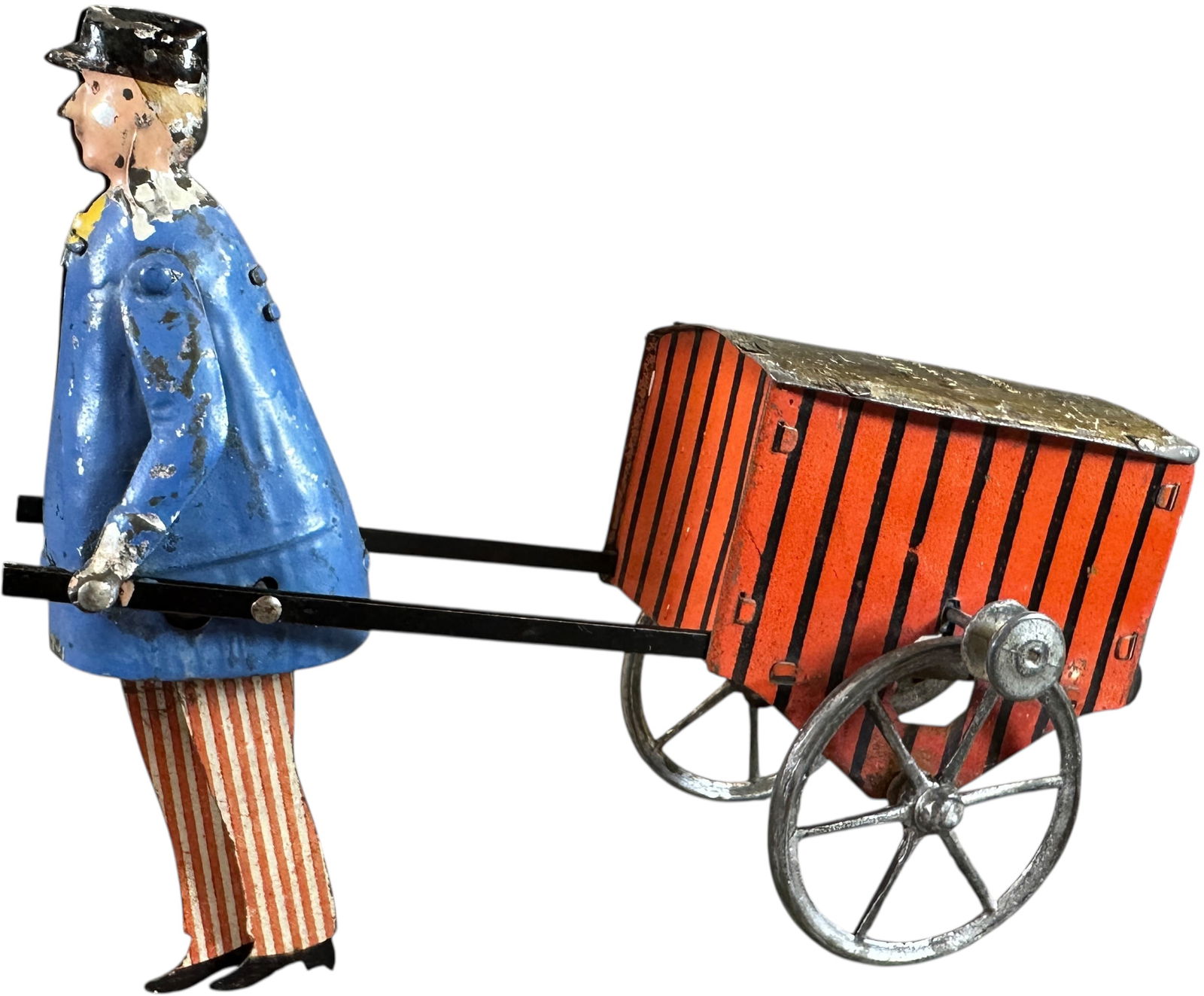 FERNAND MARTIN DELIVERY MAN: 290. FERNAND MARTIN DELIVERY MAN | 1888 France, "Le Livreur," early example is flywheel driven by string at side. | 6.5 " l. | Scarce example in authentic (Excellent Condition) | $600 - $1,000