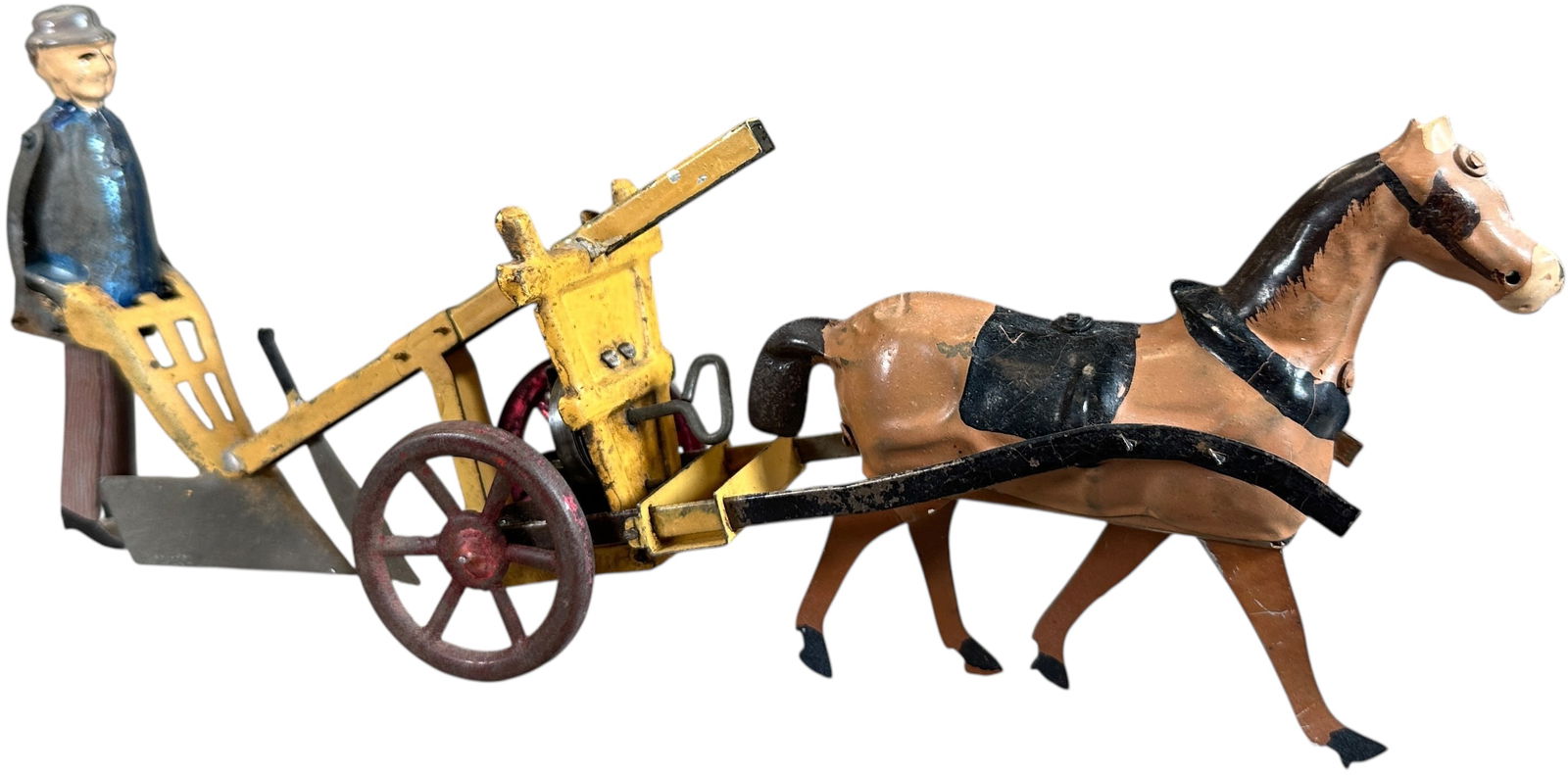 FERNAND MARTIN FARM LABORER: 327. FERNAND MARTIN FARM LABORER | France circa 1906, wind-up motor, "Le Laboreur," an early French country farm toy depicting a man behind horse drawn plough which moves forward when activated, a ver