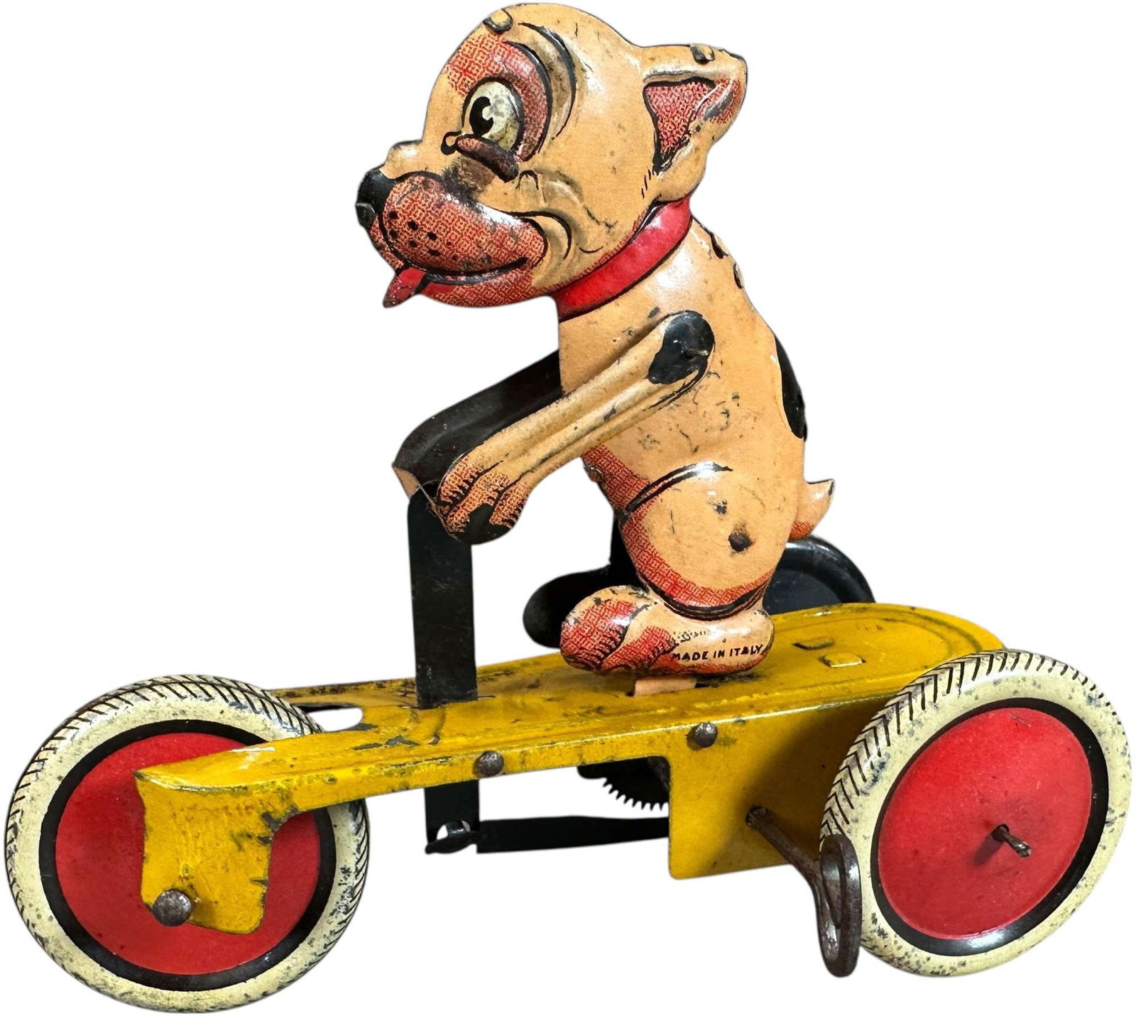 BELL ITALY BONZO ON SCOOTER TOY: 361. BELL ITALY BONZO ON SCOOTER TOY | Italy, this is a rare version made by Bell (#255) which appears to copy the Gunthermann version of the toy, wind-up motor drives scooter forward as pup pumps the