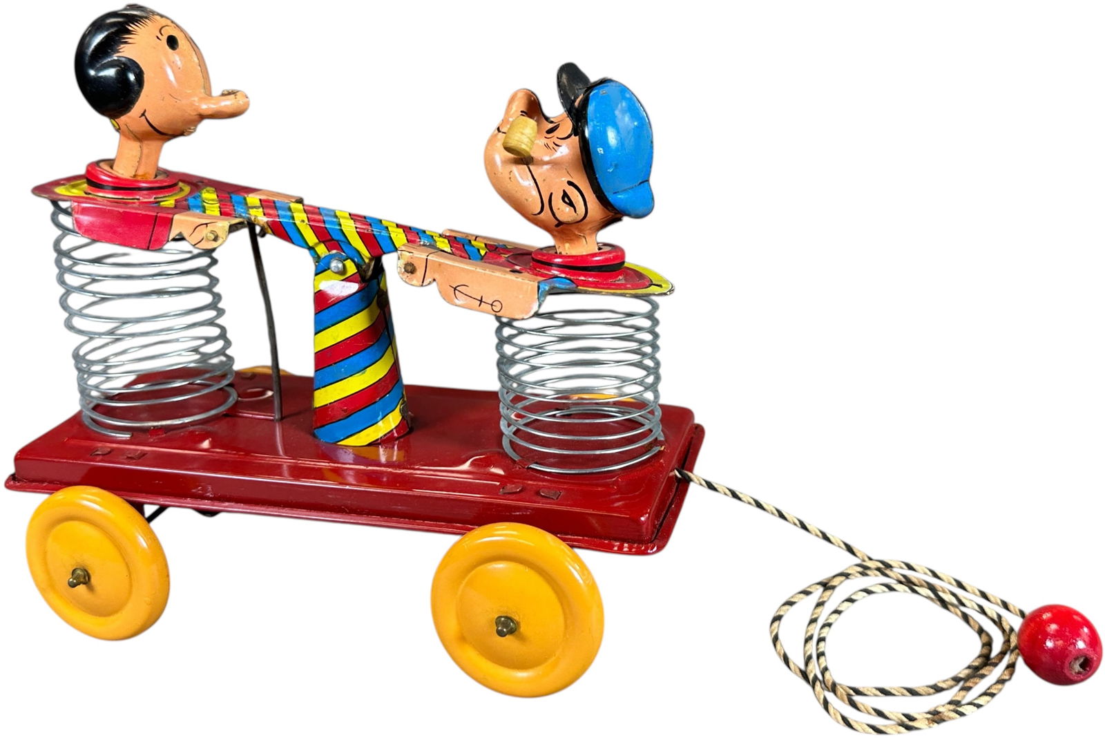 LINEMAR POPEYE & OLIVE OYL STRETCHY HANDCAR: 402. LINEMAR POPEYE & OLIVE OYL STRETCHY HANDCAR | Japan, working wind-up motion. Provenance: Richard Mueller Collection. | 7" l. | Some typical Linemar factory touch ups, overall (Near Mint Condition