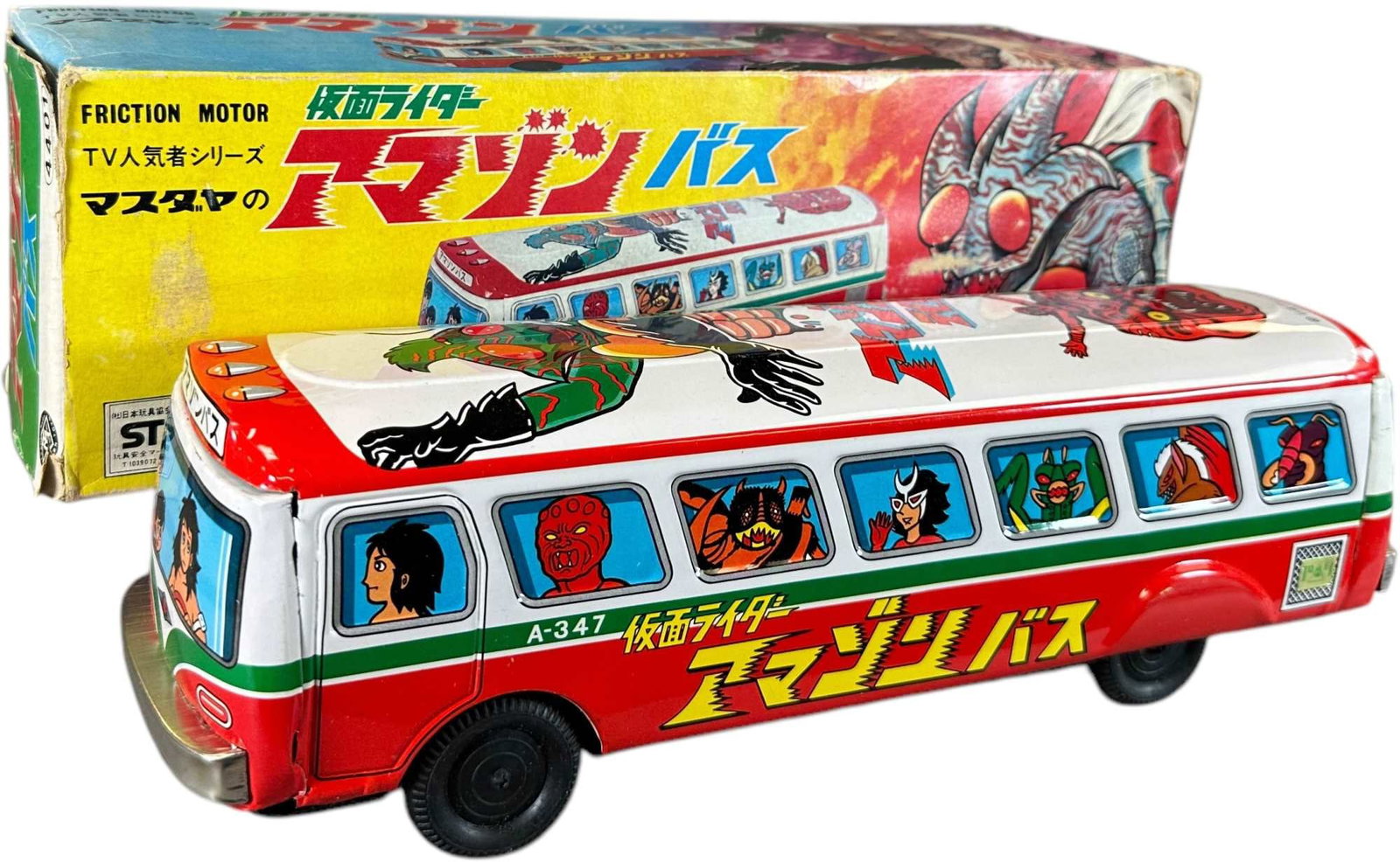 BOXED MASUDAYA KAMEN RIDER BUS: 1019. BOXED MASUDAYA KAMEN RIDER BUS | Japan, friction powered, with colorful original box, bright lithographed tin body featuring hero imagery along the sides, with working friction motor, box shows 