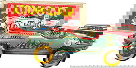 BOXED YONEZAWA ATOM RACER #8: 1032. BOXED YONEZAWA ATOM RACER #8 | Japan, friction motor with sparks. Very colorful toy with a desirable color theme, two rubber tires still intact on wheels while other two are detached and inside