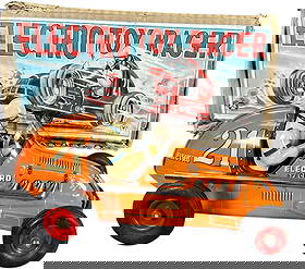 BOXED YONEZAWA ELECTRO TOY RACER: 1036. BOXED YONEZAWA ELECTRO TOY RACER | Japan, friction motor. Scarce and desirable example. | 9.5" l. | Original helmet, box lid has a nice label but torn in half and taped from inside, two tabs of