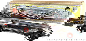 BOXED GUNTHERMANN SILVER BULLET RACER: 1045. BOXED GUNTHERMANN SILVER BULLET RACER | Germany, wind-up motor driven. Scarce chrome finished version. From the Italian collection of Steno Tonelli. | 22" l. | Original box has two splits at lid