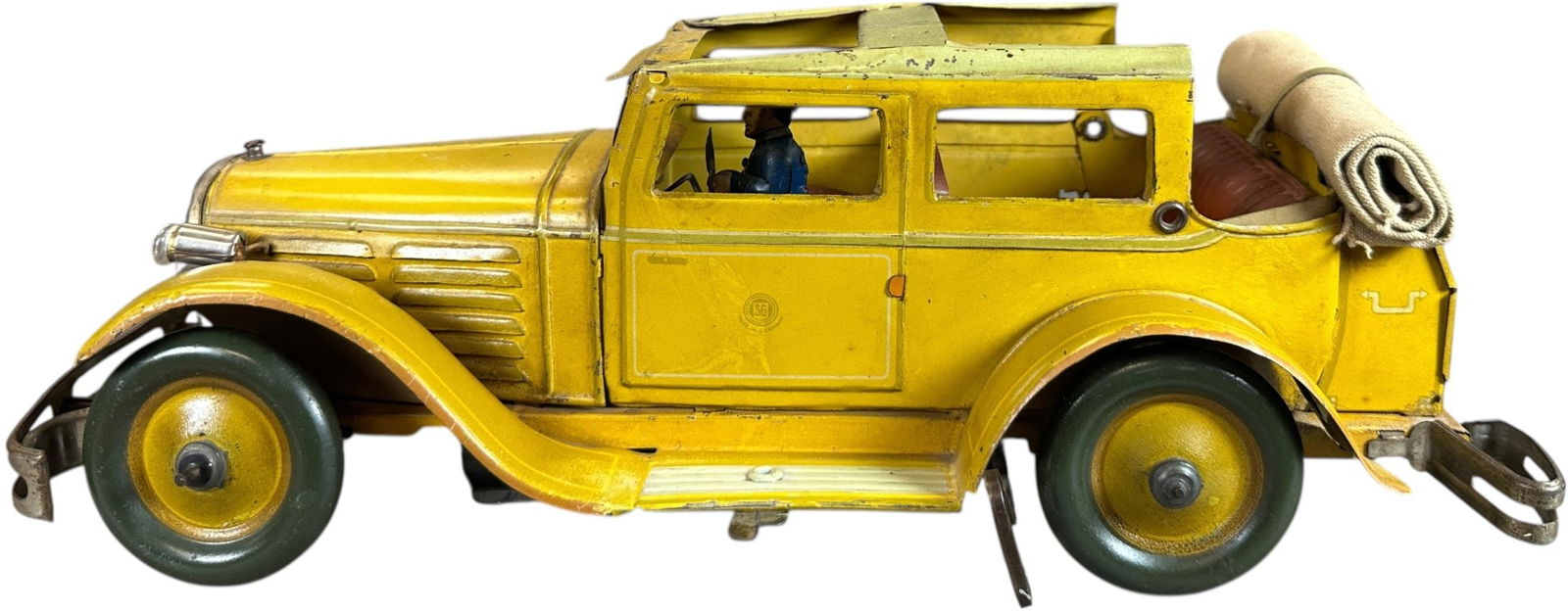 GUNTHERMANN ROLL-BACK ROOF LIMOUSINE: 1061. GUNTHERMANN ROLL-BACK ROOF LIMOUSINE | Germany, wind-up motor driven. | 14" l. | Touchup to driver's running board and factory touchup to edges of fenders, (Excellent Condition) | $800 - $1,400