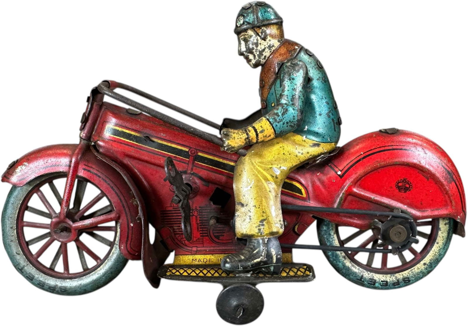CK KURAMOCHI JAPAN MOTORCYCLE TOY: 1086. CK KURAMOCHI JAPAN MOTORCYCLE TOY | Japan, c. 1930s, wind-up motion. This toy is clearly inspired by the German Gunthermann version of a sleek civilian motorcycle rider, extremely rare toy. | 7.