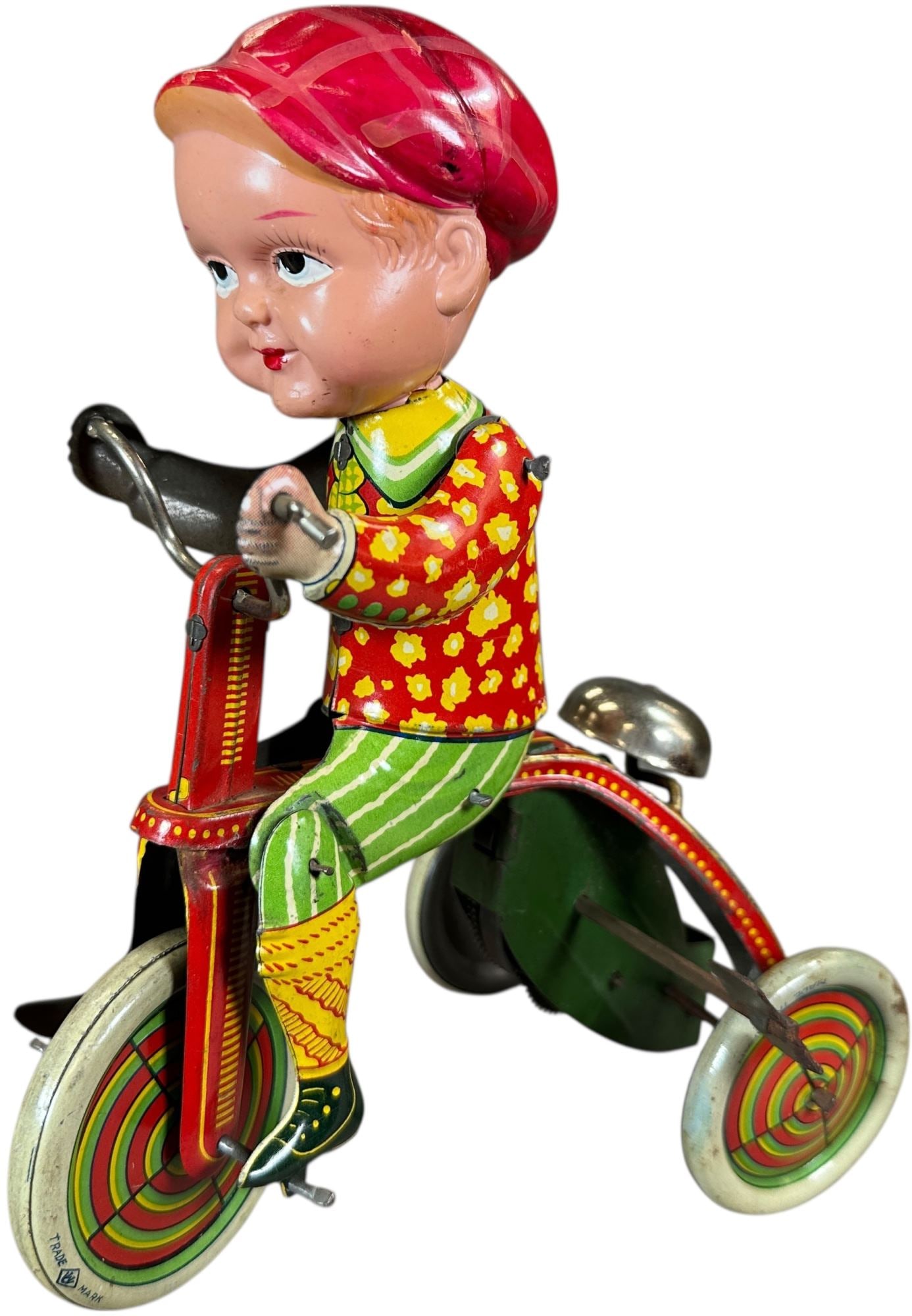 PRE-WAR JAPAN CHILD RIDING TRICYCLE: 1092. PRE-WAR JAPAN CHILD RIDING TRICYCLE | Japan, wind-up motor with bell ringer. | 7" l. | (Pristine Condition) | $600 - $1,000