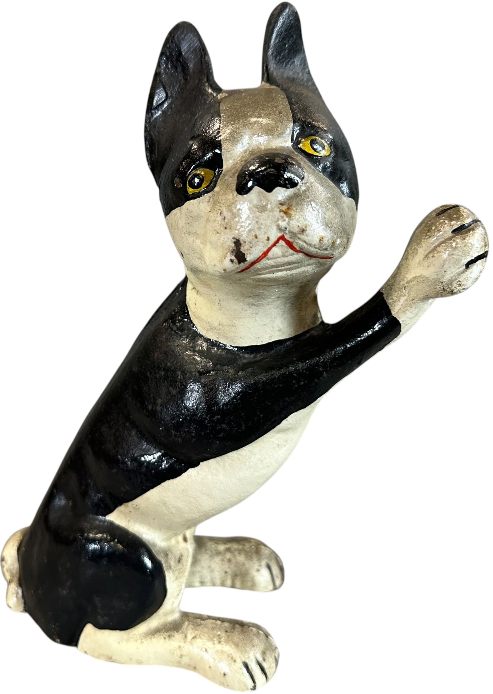 BOSTON TERRIER W/ PAW UP DOORSTOP: 1212. BOSTON TERRIER W/ PAW UP DOORSTOP | 8" h. | All original (Excellent to Pristine Condition) | $500 - $800