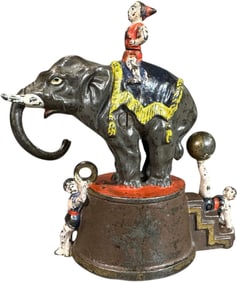 ELEPHANT & THREE CLOWNS MECHANICAL BANK