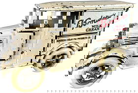 LARGE HUBLEY BORDENS MILK TRUCK: 1276. LARGE HUBLEY BORDENS MILK TRUCK | Slightly later version which has decals rather than the embossed sides of truck and spoke wheels with rubber tires. Ex: Tony Lasala Collection. | 8.5" l. | Auth