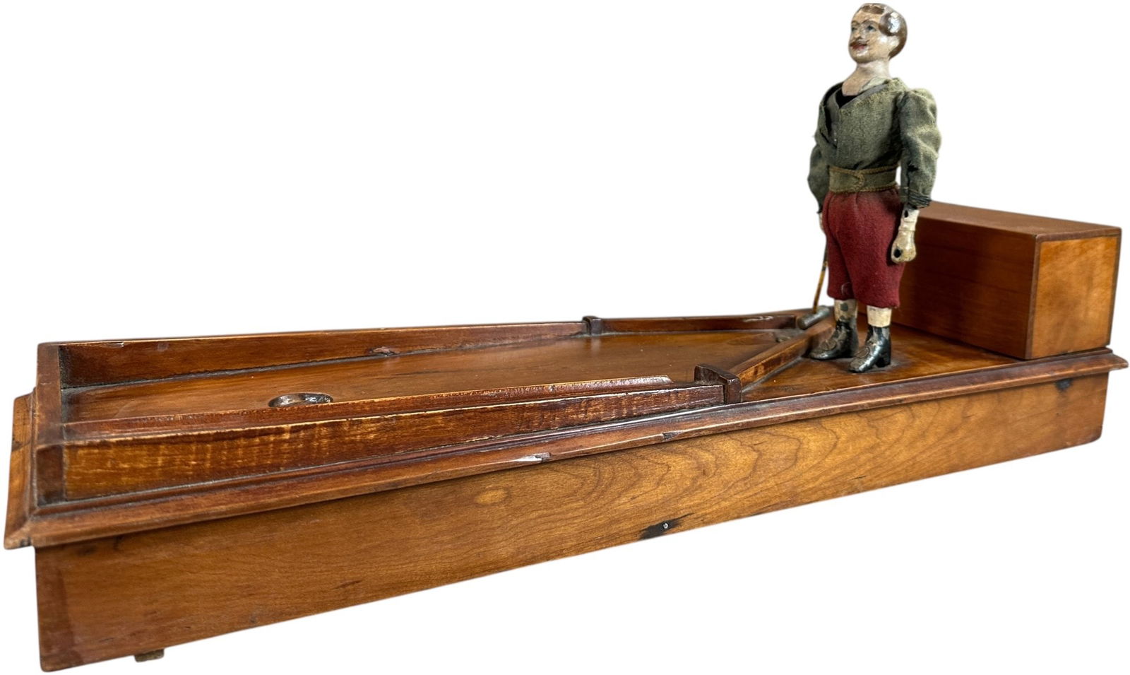 AUTOMATIC TOY WORKS BALL & MALLET TOY: 1298. AUTOMATIC TOY WORKS BALL & MALLET TOY | This is an early and very rare clockwork toy to which only a few have ever turned up, patented November 1881, the croquet player strikes ball up the incli