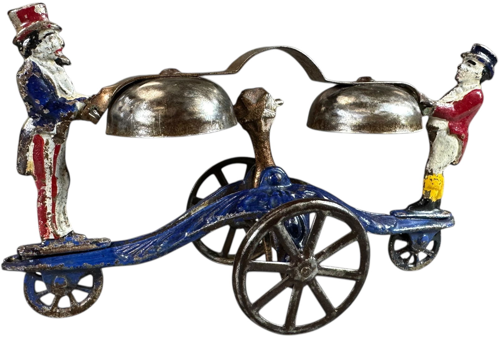 JOHN BULL & UNCLE SAM BELL TOY: 1300. JOHN BULL & UNCLE SAM BELL TOY | Made by Watrous Mfg. Co. Provenance: The Hegarty Collection #86. Provenance: Richard Mueller Collection. | 7.5" l. | (Excellent to Pristine Condition) | $800 - $