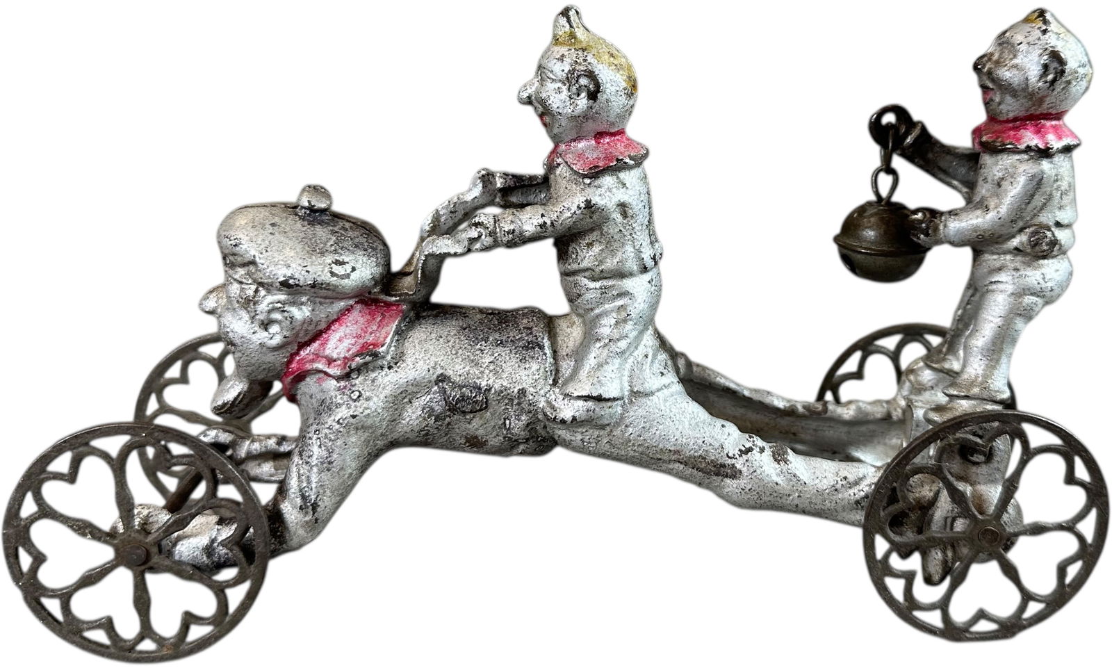 THE CAPTAIN & THE KIDS BELL TOY: 1303. THE CAPTAIN & THE KIDS BELL TOY | Gong Bell, this toy is very scarce as previously believed to be less than a dozen known, as the toy rolls, the child at rear moves back and forth to ring his be