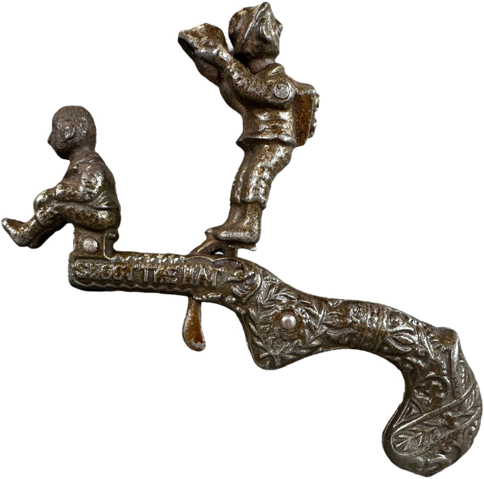 SHOOT THE HAT ANIMATED CAP GUN: 1339. SHOOT THE HAT ANIMATED CAP GUN | Boy slams hat down on other boy's head to fire the cap. Provenance: The Schroeder Collection #230. | 4.5" l. | (Excellent Condition) | $600 - $1,000