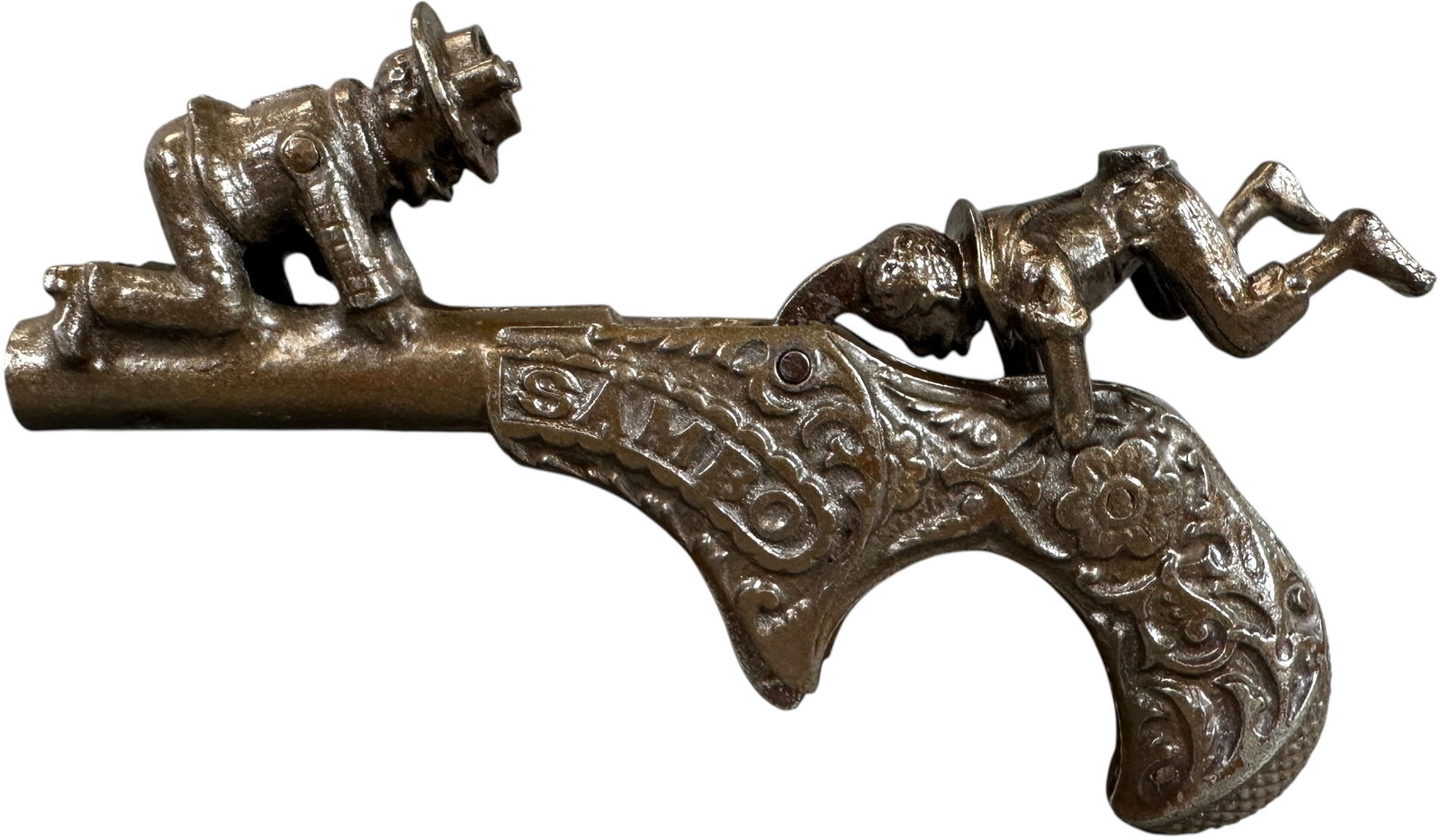 IVES SAMBO ANIMATED CAP GUN: 1340. IVES SAMBO ANIMATED CAP GUN | Very rare example. Boy turns somersault striking other boys head to fire the cap. Provenance: The Schroeder Collection #249. | 6.5" l. | (Pristine Condition) | $1,2