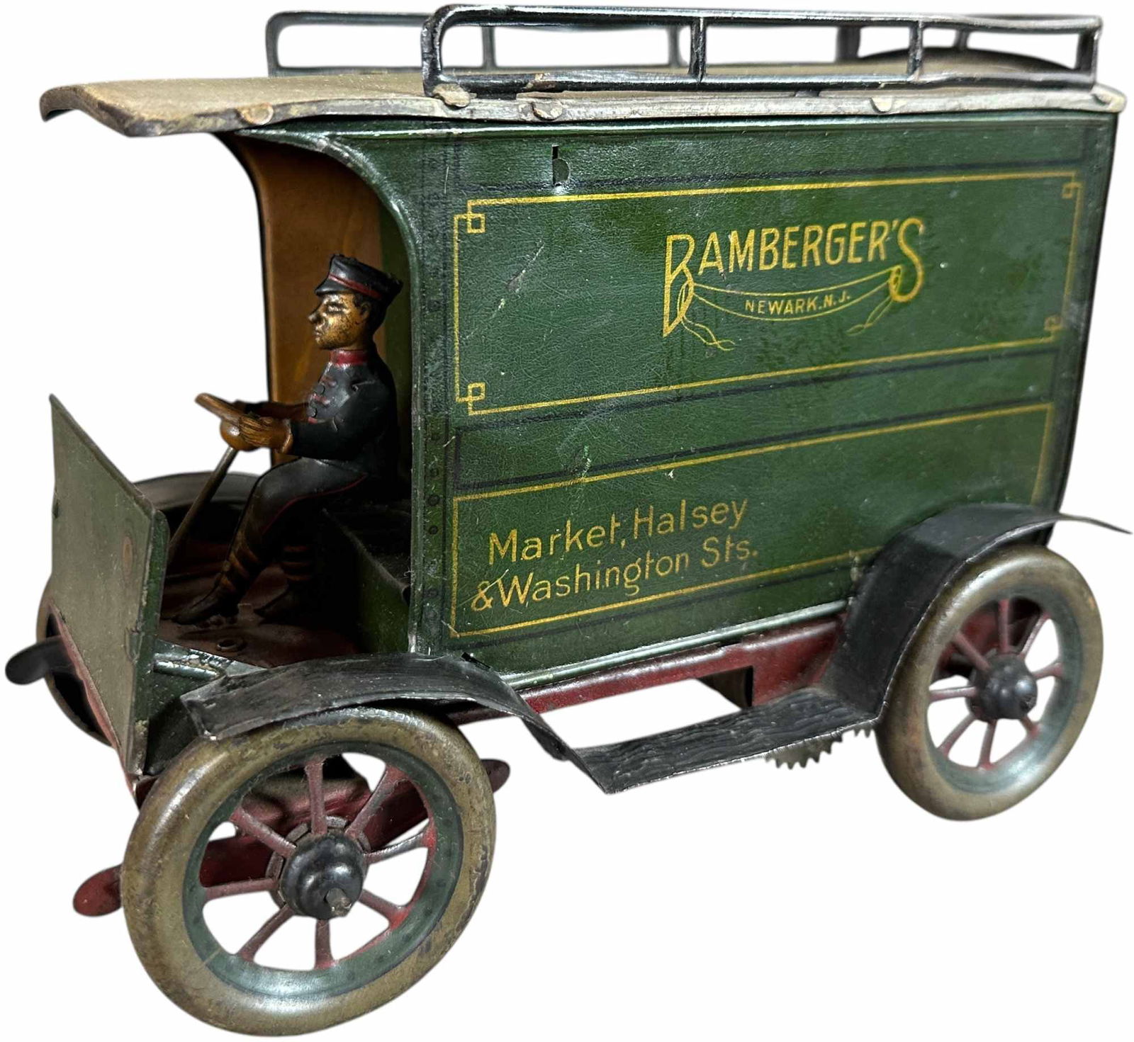 HANS EBERL BAMBERGERS DELIVERY VAN: 29. HANS EBERL BAMBERGERS DELIVERY VAN | Germany, wind-up motor, one of a series of private label vans made by company for department stores, ''Bamberger's, Newark NJ,'' a scarce early example. Ex: Gr