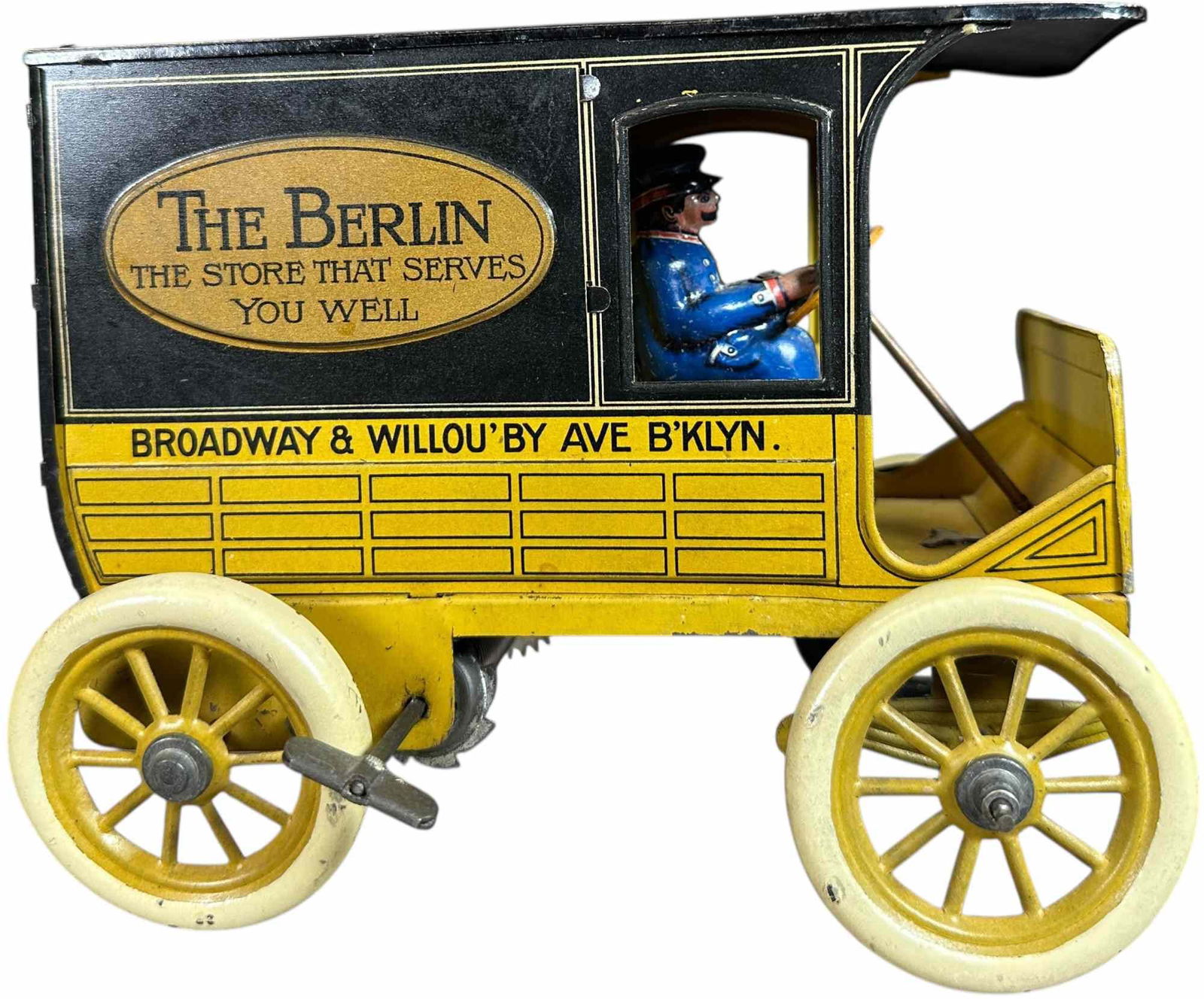 HANS EBERL BERLIN STORE DELIVERY VAN: 128. HANS EBERL BERLIN STORE DELIVERY VAN | Germany, wind-up motor, one of a series of private labels made by company for department stores, 'The Berlin, The store that serves you well, Brooklyn NY,''