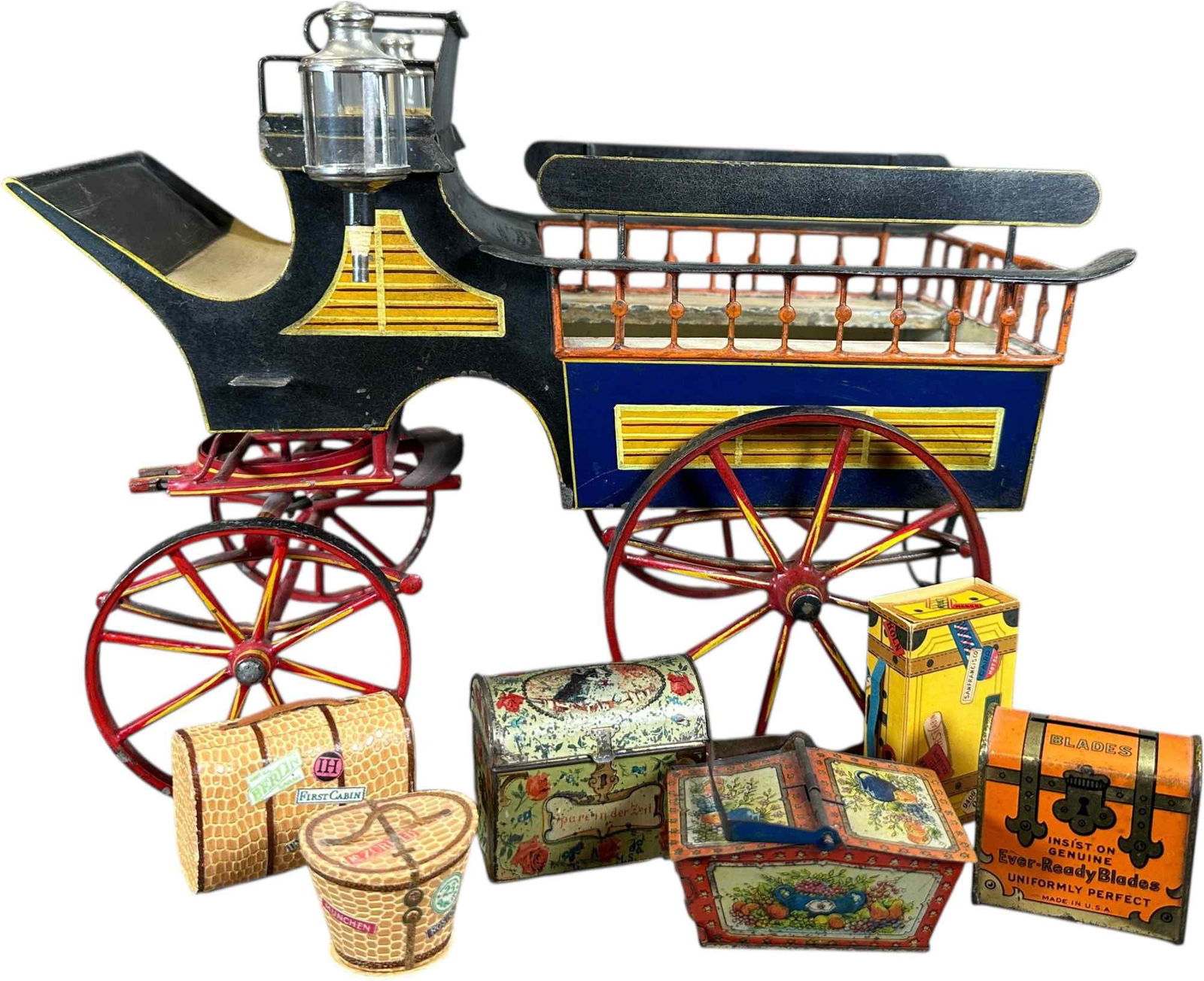 ROCK AND GRANER WAGONETTE CARRIAGE: 195. ROCK AND GRANER WAGONETTE CARRIAGE | A quite large scale example with sensational hand painting and wonderful colors, very early example circa 1870s, removable lanterns at side of carriage. | Pro
