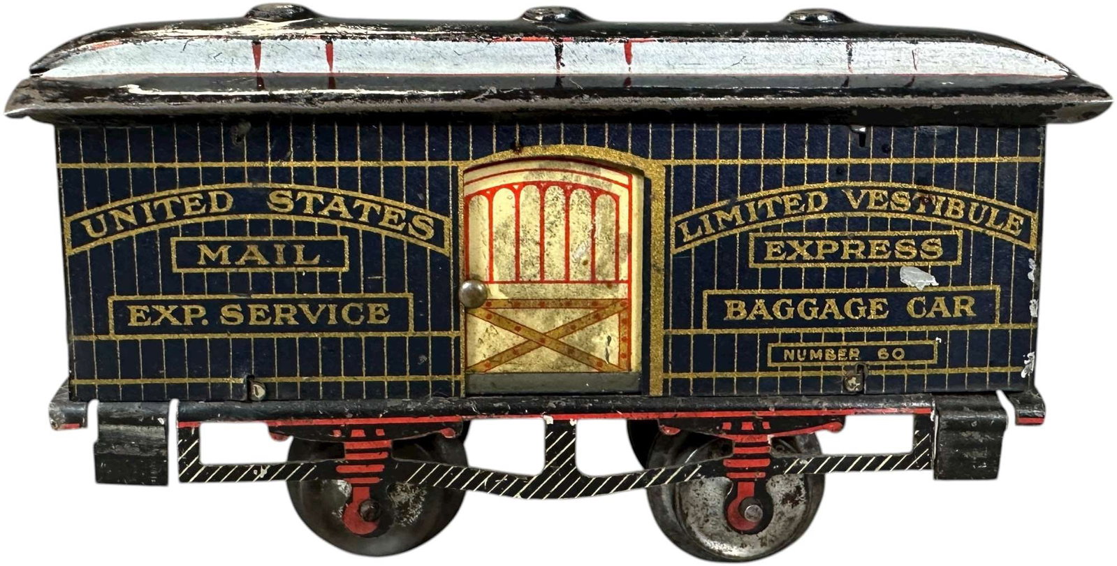 EARLY IVES BLUE BAGGAGE CAR: 350. EARLY IVES BLUE BAGGAGE CAR | O gauge, litho. | Provenance: The Maloy Collection. | 6" l. | (Very Good to Excellent Condition) | $500 - $1,000