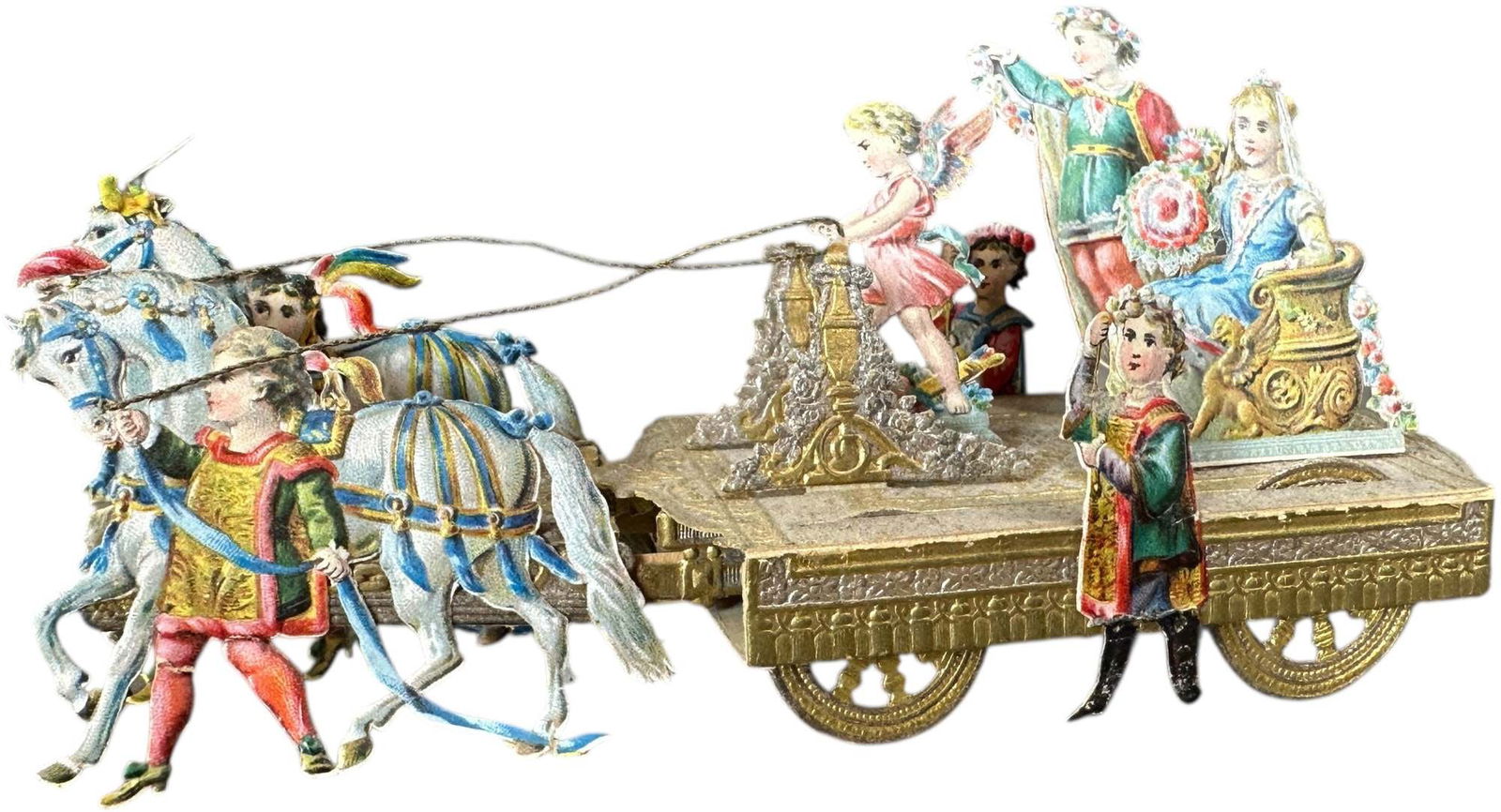 DRESDEN PAPER QUEENS CART FOLD OUT: 12. DRESDEN PAPER QUEENS CART FOLD OUT | Intricate die cut paper and dresden decoration Full 3-D. Provenance: Bob & Maurine Young | 5" l. | (Excellent Condition) | $500 - $900