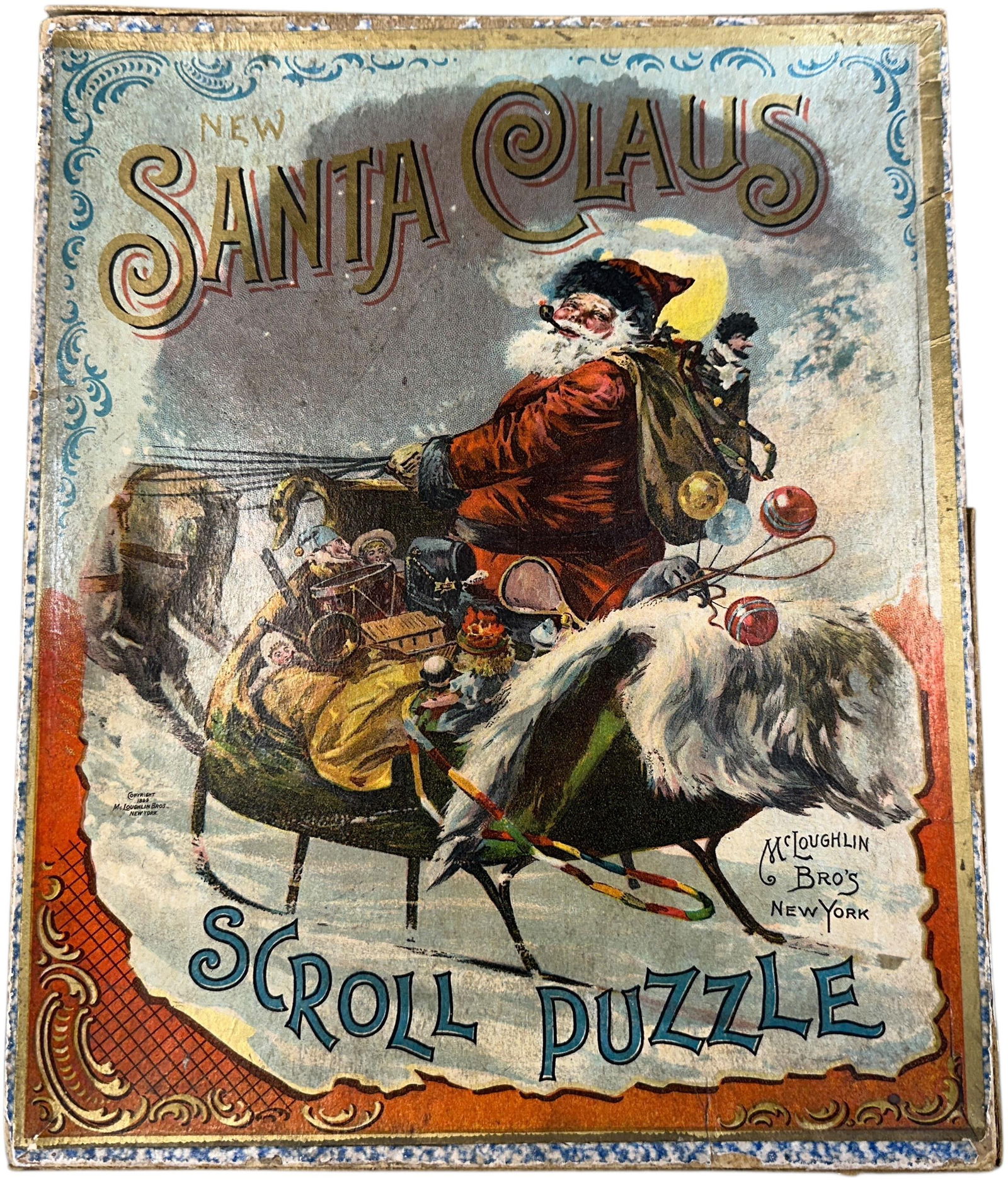 SANTA CLAUS SCROLL PUZZLE: 14. SANTA CLAUS SCROLL PUZZLE | McLoughlin Bros, box top has missing aprons but the pieces are there, puzzle is complete. Provenance: Ed & Brenda DeGarbolewski Collection. | 13" l. | (Very Good to