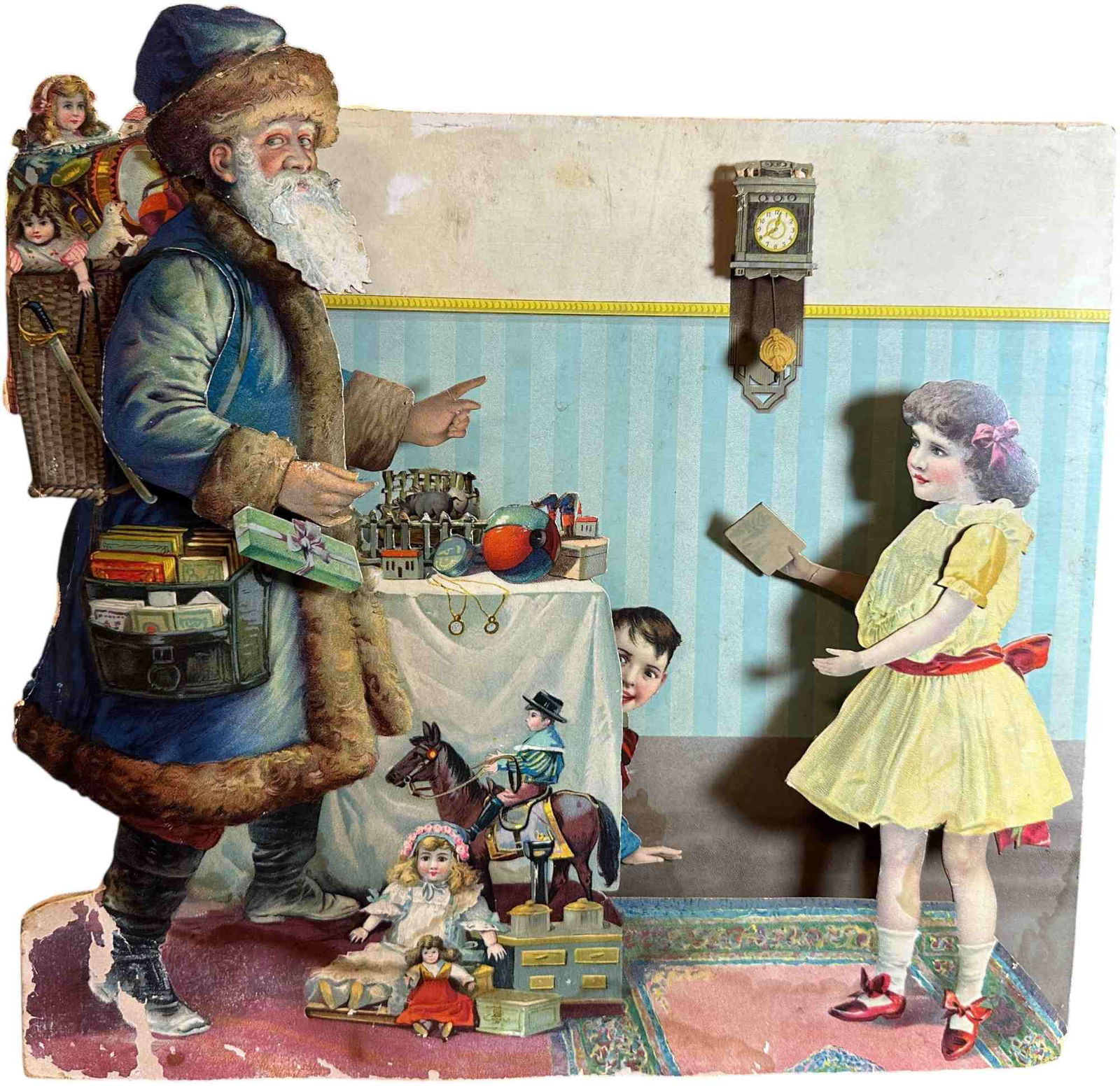 GERMAN MECHANICAL SANTA MOVING PICTURE: 15. GERMAN MECHANICAL SANTA MOVING PICTURE | Circa 1880-1900, Germany, charming Christmas scene, clockwork activation allows Santa's head to nod as he raises both arms, little boy peaks out from