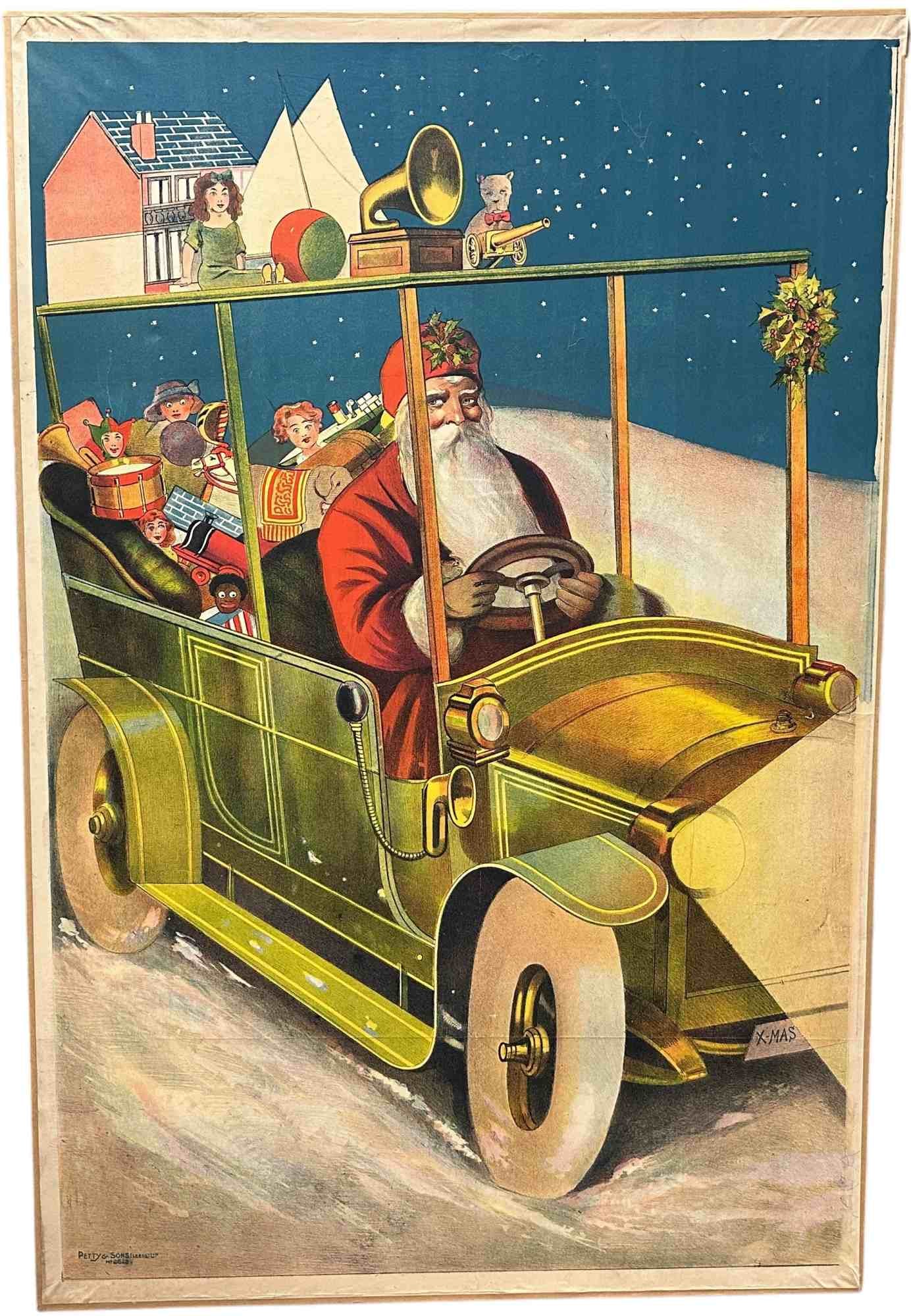 ENORMOUS SANTA IN CHRISTMAS AUTO POSTER: 16. ENORMOUS SANTA IN CHRISTMAS AUTO POSTER | Very large poster mounted on linen backing. Provenance: David Bausch Collection. | 40 x 61" lh. | Sensationally well preserved aside very minor wrinkling