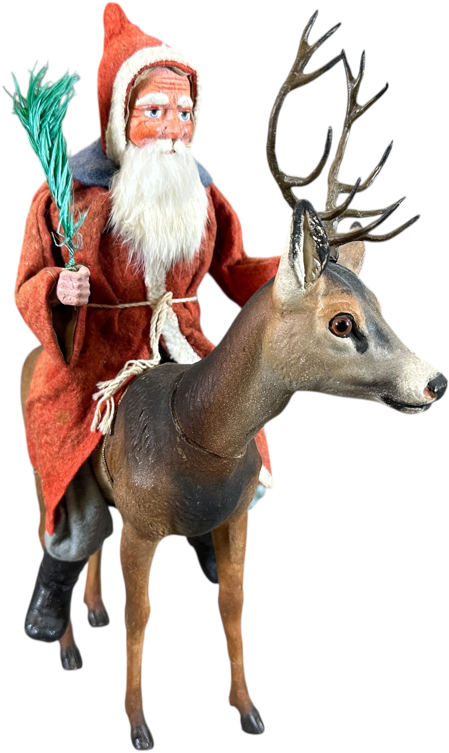 SANTA RIDING REINDEER CANDY CONTAINER: 20. SANTA RIDING REINDEER CANDY CONTAINER | Reindeers head seperates for candy storage. Provenance: Ed & Brenda DeGarbolewski Collection. | 13" h. | Deer has one leg issue, repair to one ear, overall