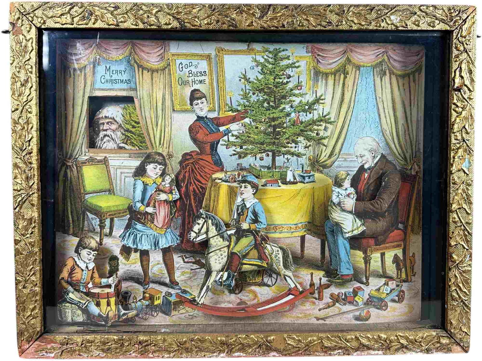 SCHOENHUT CHRISTMAS MORNING MOVING PICTURE: 28. SCHOENHUT CHRISTMAS MORNING MOVING PICTURE | Larger of the Schoenhut Christmas living pictures, this scene depicts a Victorian family enjoying Christmas day, the boy playing the drum, the girl roc