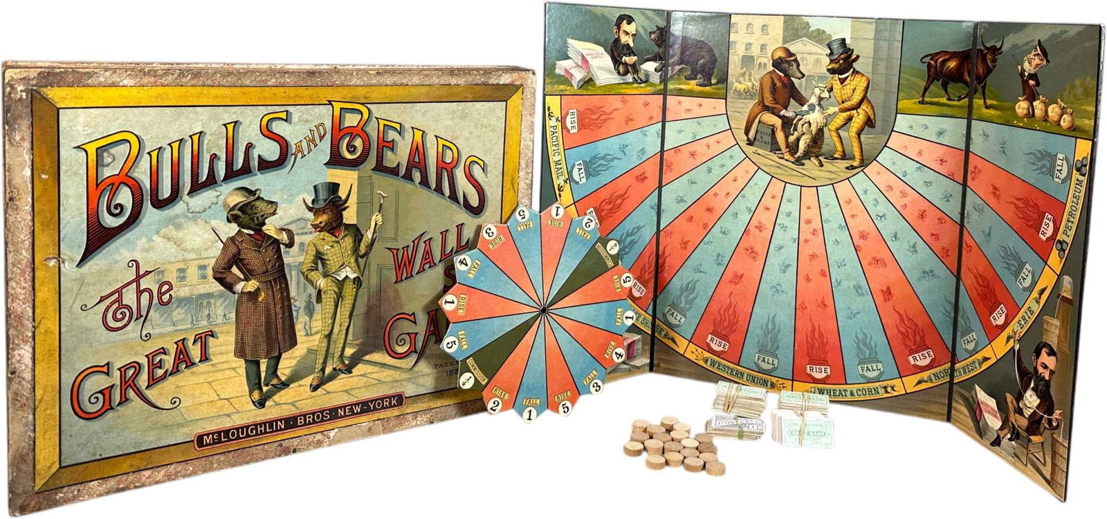BULLS & BEARS GREAT WALL STREET GAME: 32. BULLS & BEARS GREAT WALL STREET GAME | McLoughlin Bros. Considered by many collectors to be the most desirable American board game, fabulous stock market themed board game with deep lithographic i