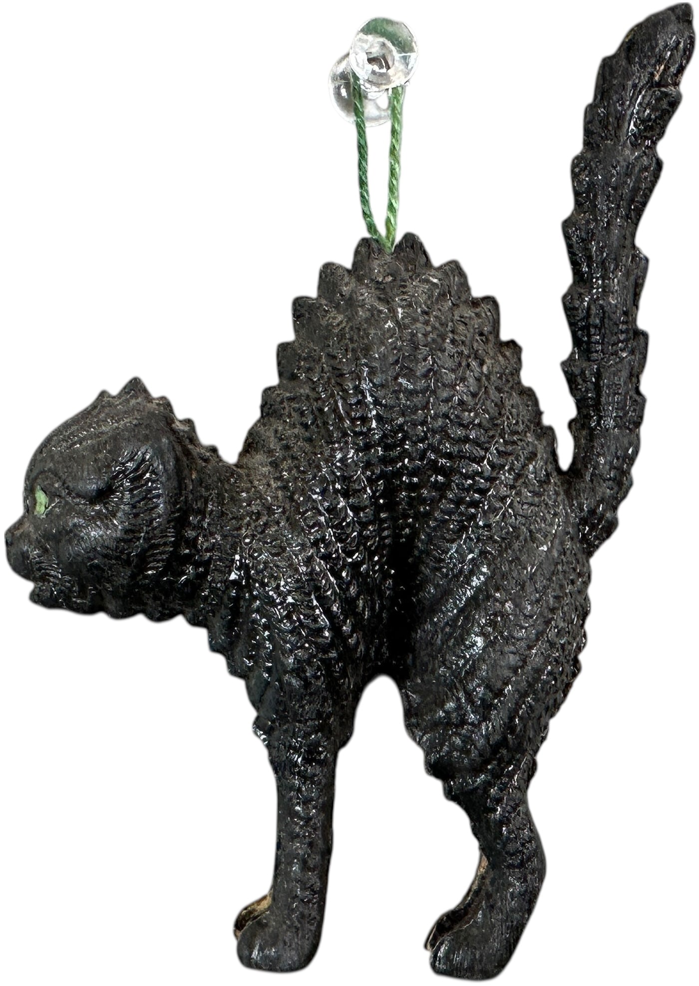 DRESDEN ARCHED BLACK CAT ORNAMENT: 33. DRESDEN ARCHED BLACK CAT ORNAMENT | Arched back cat with green eyes. Provenance: Jerry & Darla Arnold Collection. | 4" h. | (Pristine Condition) | $600 - $1,200