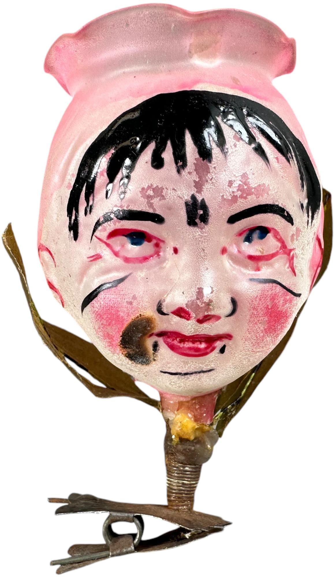 VAMPIRE FACE CLIP ON CANDLE SHADE ORNAMENT: 44. VAMPIRE FACE CLIP ON CANDLE SHADE ORNAMENT | Excellent paint detail. | 4" h. | Brown smudge next to mouth, (Excellent Condition) | $400 - $700