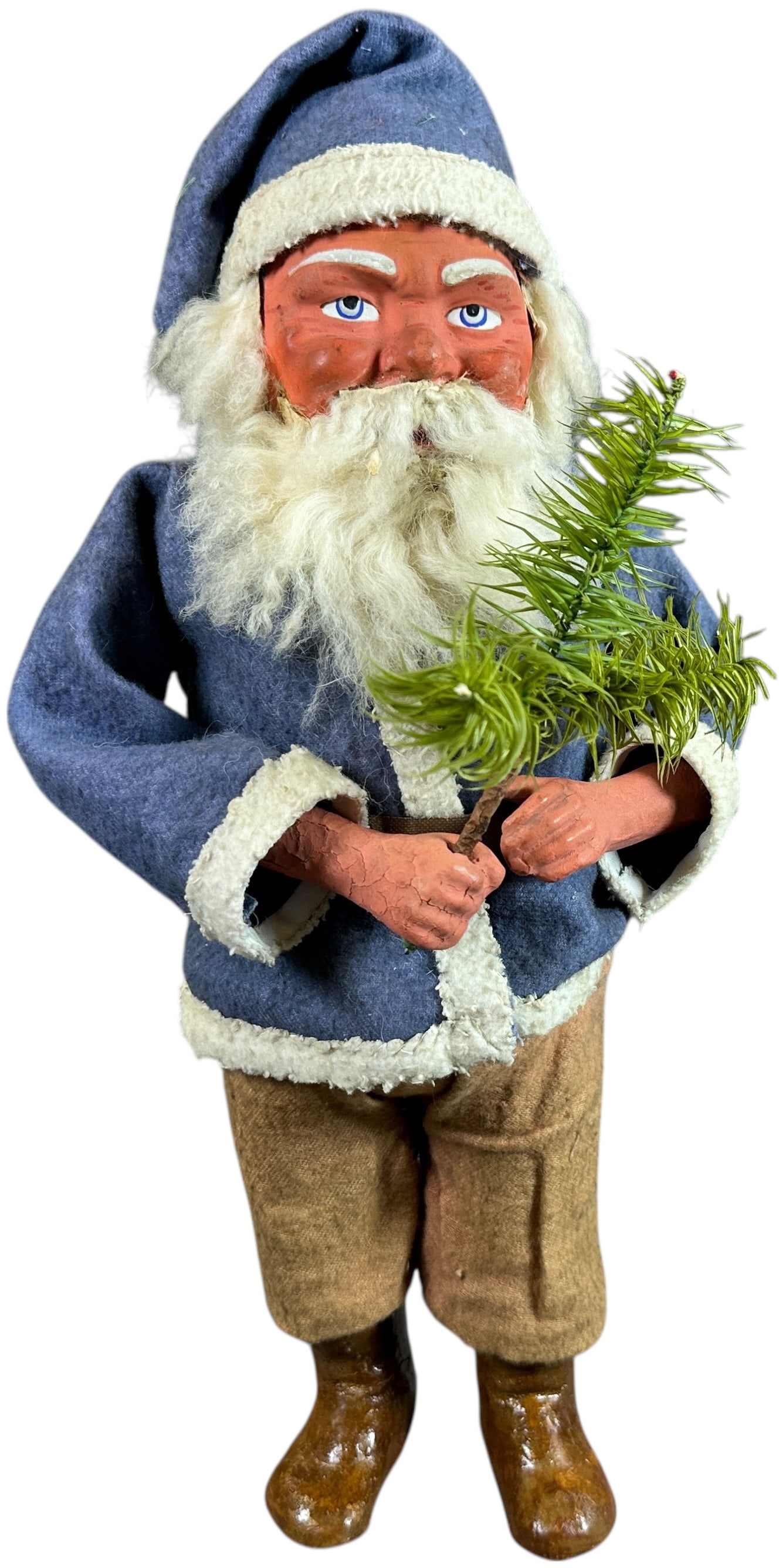 BLUE FELT COAT WOODCUTTER SANTA: 52. BLUE FELT COAT WOODCUTTER SANTA | Nice example, great face. Provenance: Beth Karp Collection. | 14.5" h. | Restoration to arms and boots, some professional enhancement to face, nice authentic clot
