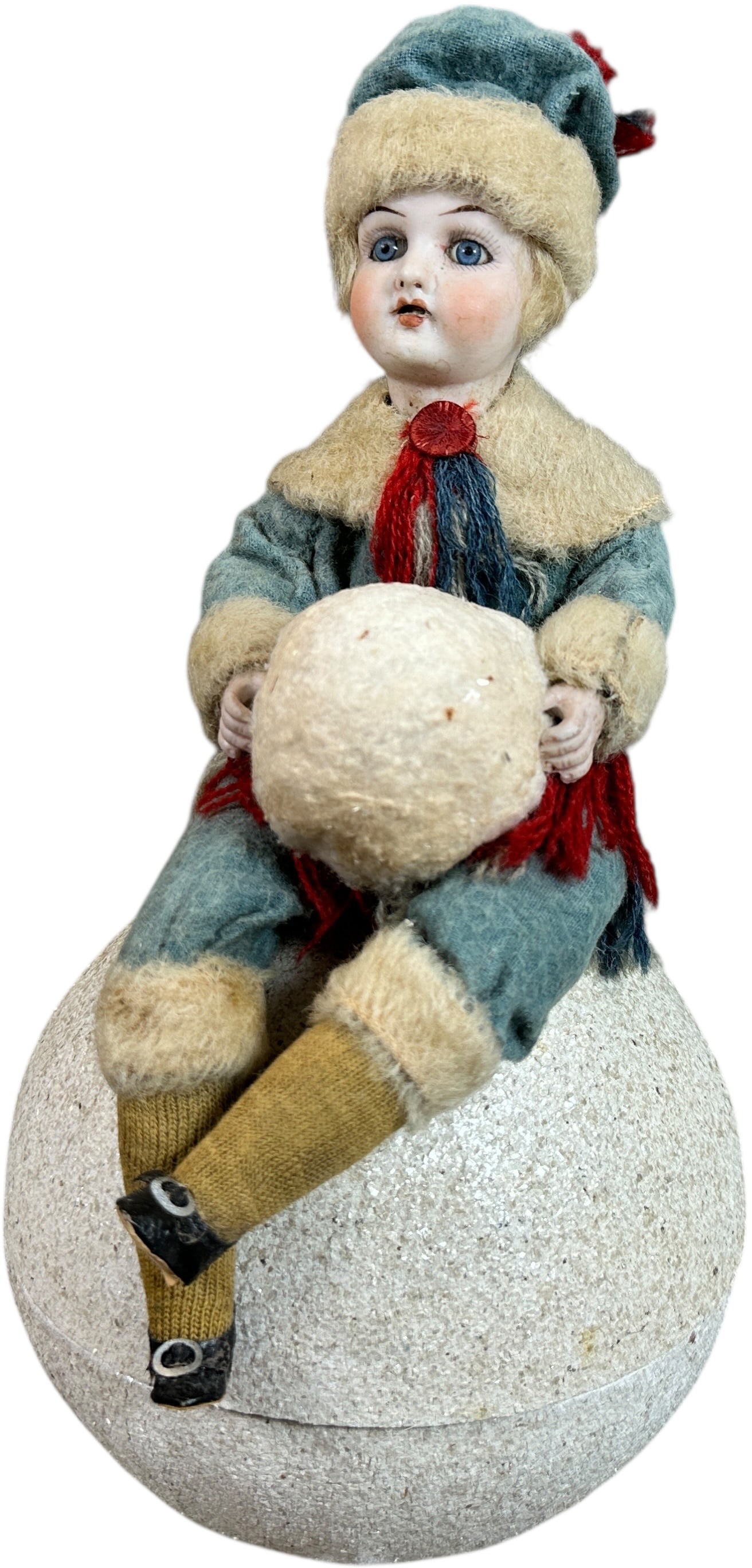 LARGE HEUBACH BOY ON SNOWBALL CONTAINER: 56. LARGE HEUBACH BOY ON SNOWBALL CONTAINER | Cloth dressed figure on large snowball which seperates in half as candy container. Provenance: Ed & Brenda DeGarbolewski Collection. | 12" h. |