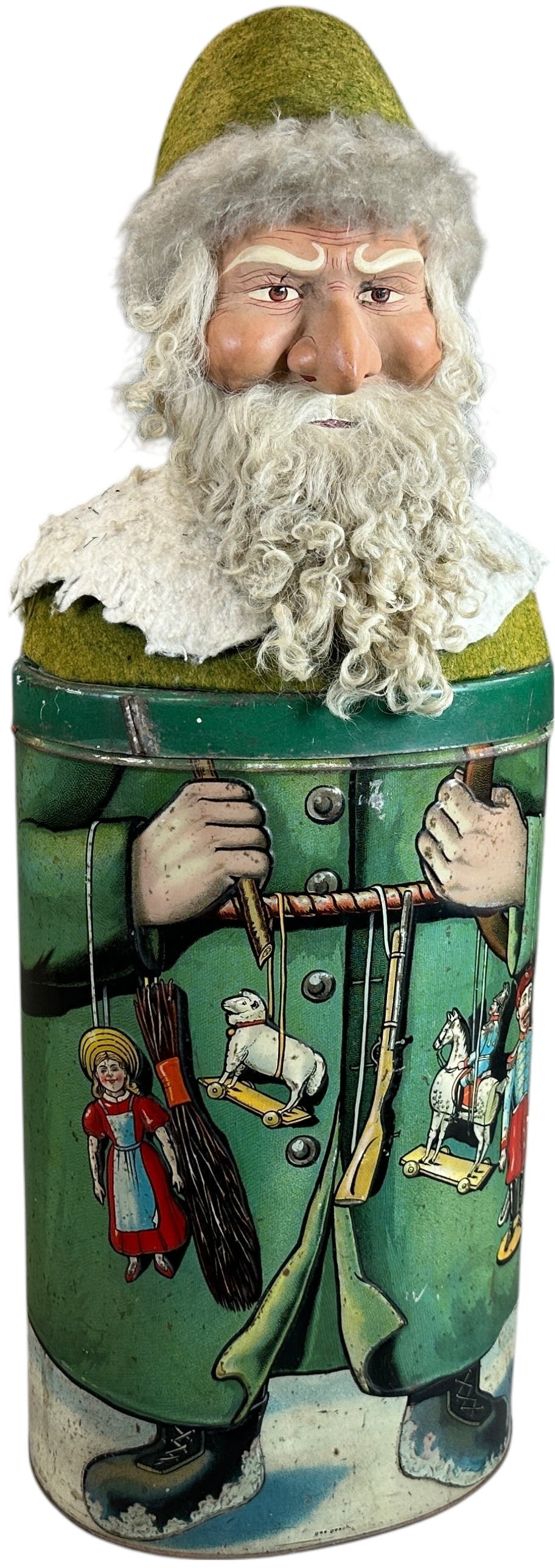 COMPOSITION TOP SANTA CLAUS BISCUIT TIN: 59. COMPOSITION TOP SANTA CLAUS BISCUIT TIN | HTF Santa Candy Box made in Germany. Very large. Provenance: Ed & Brenda DeGarbolewski Collection. | 26" h. | (Excellent Condition) | $2,000 - $4,000