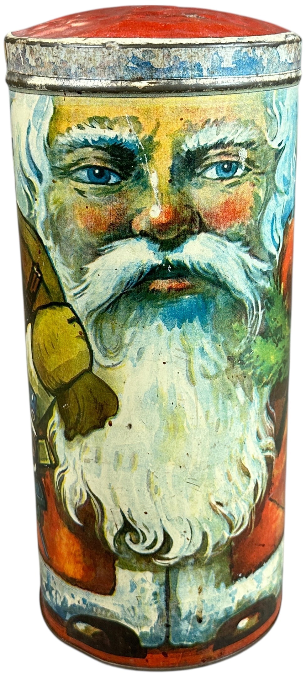 SANTA CLAUS LITHOGRAPHED STORAGE TIN: 60. SANTA CLAUS LITHOGRAPHED STORAGE TIN | Made in Germany, well detailed. Provenance: Ed & Brenda DeGarbolewski Collection. | 14" h. | (Excellent Condition) | $1,000 - $1,800