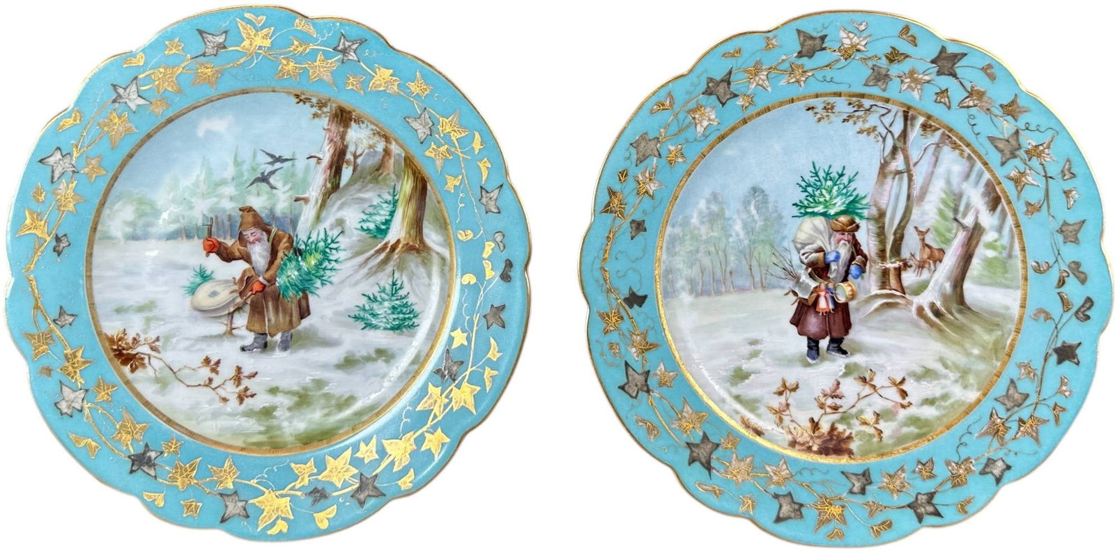 TWO EARLY SANTA CLAUS CHRISTMAS PLATES: 62. TWO EARLY SANTA CLAUS CHRISTMAS PLATES | Decals with enhanced painted features. | 8.5" h. | (Pristine Condition) | $300 - $600