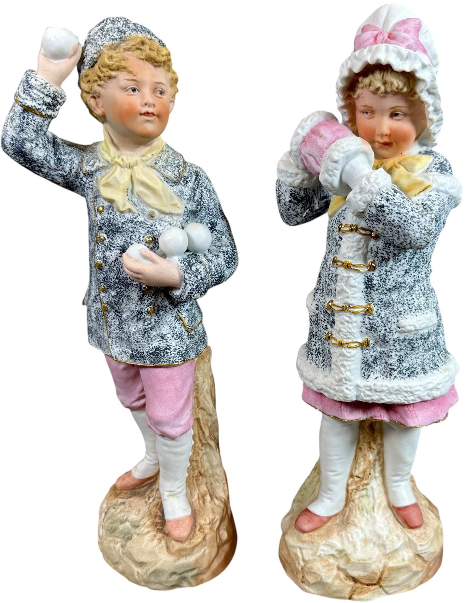 TWO HEUBACH STANDING SNOW CHILDREN: 63. TWO HEUBACH STANDING SNOW CHILDREN | Large well detailed and painted figures. Provenance: Ed & Brenda DeGarbolewski Collection. | 13" h. | (Pristine to Near Mint Condition) | $400 - $800