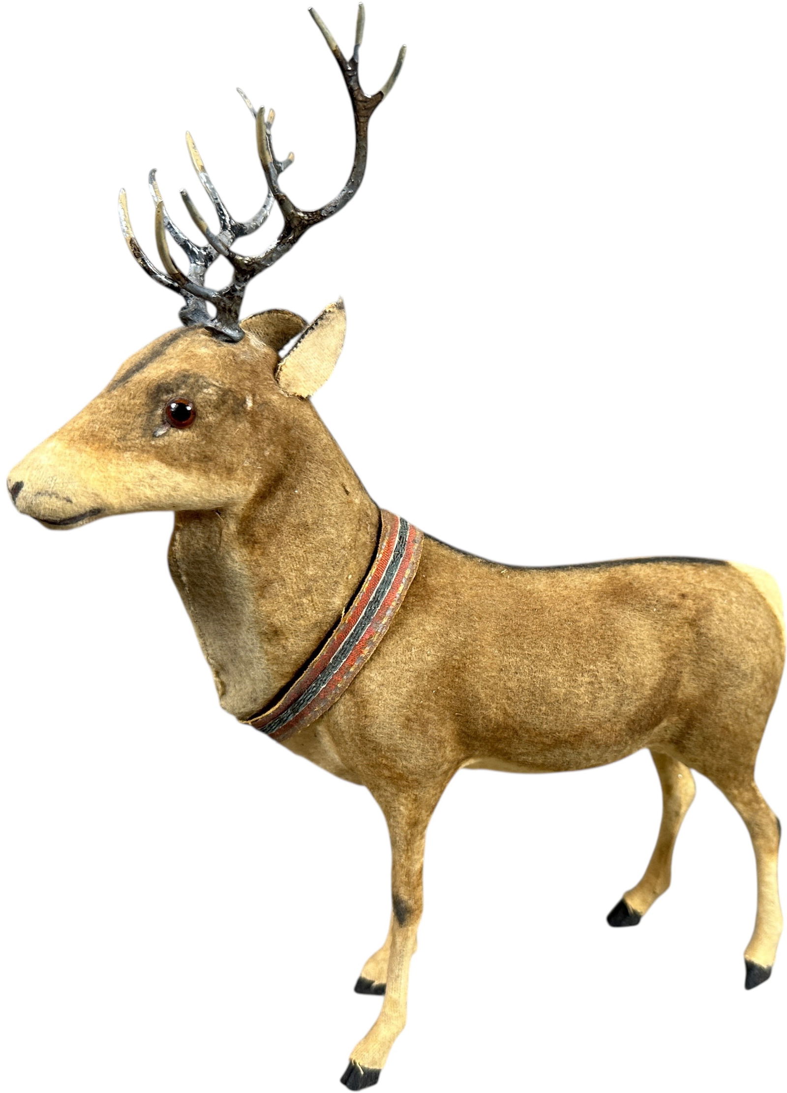 GERMAN CLOTH COVERED REINDEER CANDY CONTAINER: 65. GERMAN CLOTH COVERED REINDEER CANDY CONTAINER | Glass eyes, metal antlers, Germany sticker on bottom. Provenance: Ed & Brenda DeGarbolewski Collection. | 11" h. | (Excellent Condition) | $1,500 -