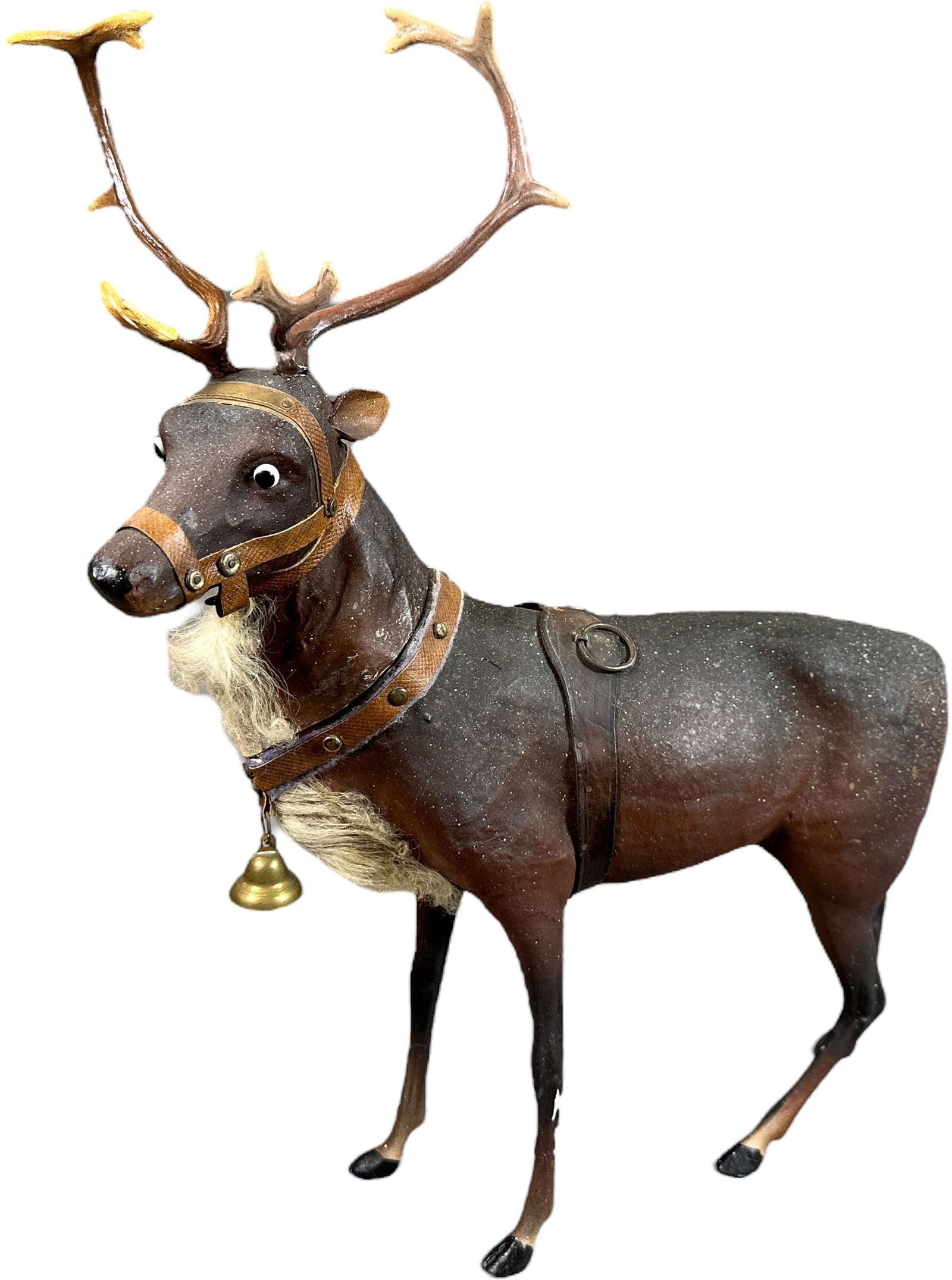 COMPOSITION PAINTED REINDEER CANDY CONTAINER: 66. COMPOSITION PAINTED REINDEER CANDY CONTAINER | Large with incredible details, sperates at neck. Provenance: Ed & Brenda DeGarbolewski Collection. | 17" h. | (Pristine Condition) | $2,000 - $3,500