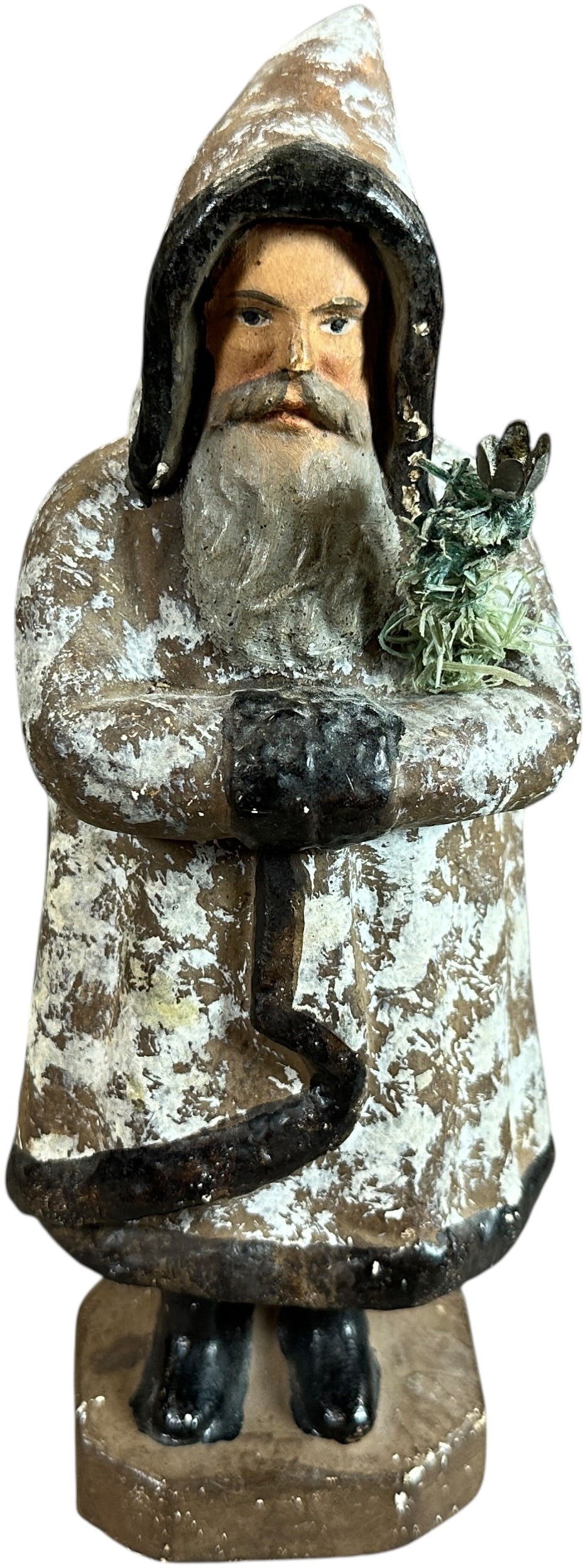 EARLY PENNSYLVANIA CHALK BELSNICKLE: 68. EARLY PENNSYLVANIA CHALK BELSNICKLE | Slightly larger example with a fabulous styling. Provenance: Ed & Brenda DeGarbolewski Collection. | 9.5" h. | Crack at neck is masterfully repaired, lovely