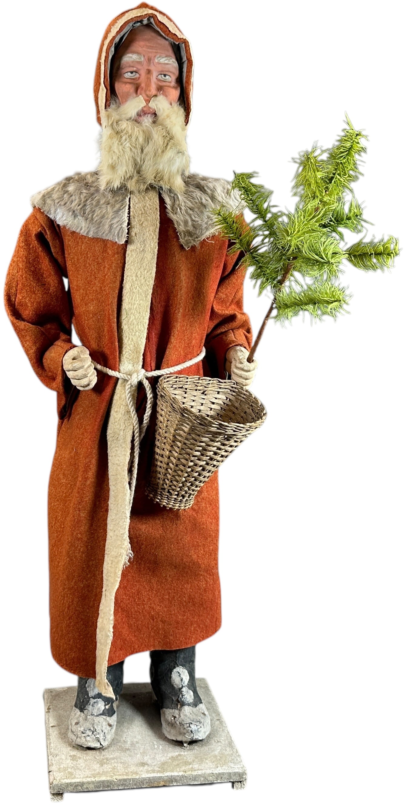 STORE HEIGHT CLOCKWORK NODDER SANTA FIGURE: 69. STORE HEIGHT CLOCKWORK NODDER SANTA FIGURE | Early German clockwork Santa, great store window trade stimulator size. Provenance: Beth Karp Collection. | 34" h. | Some minor touchup to boots, face