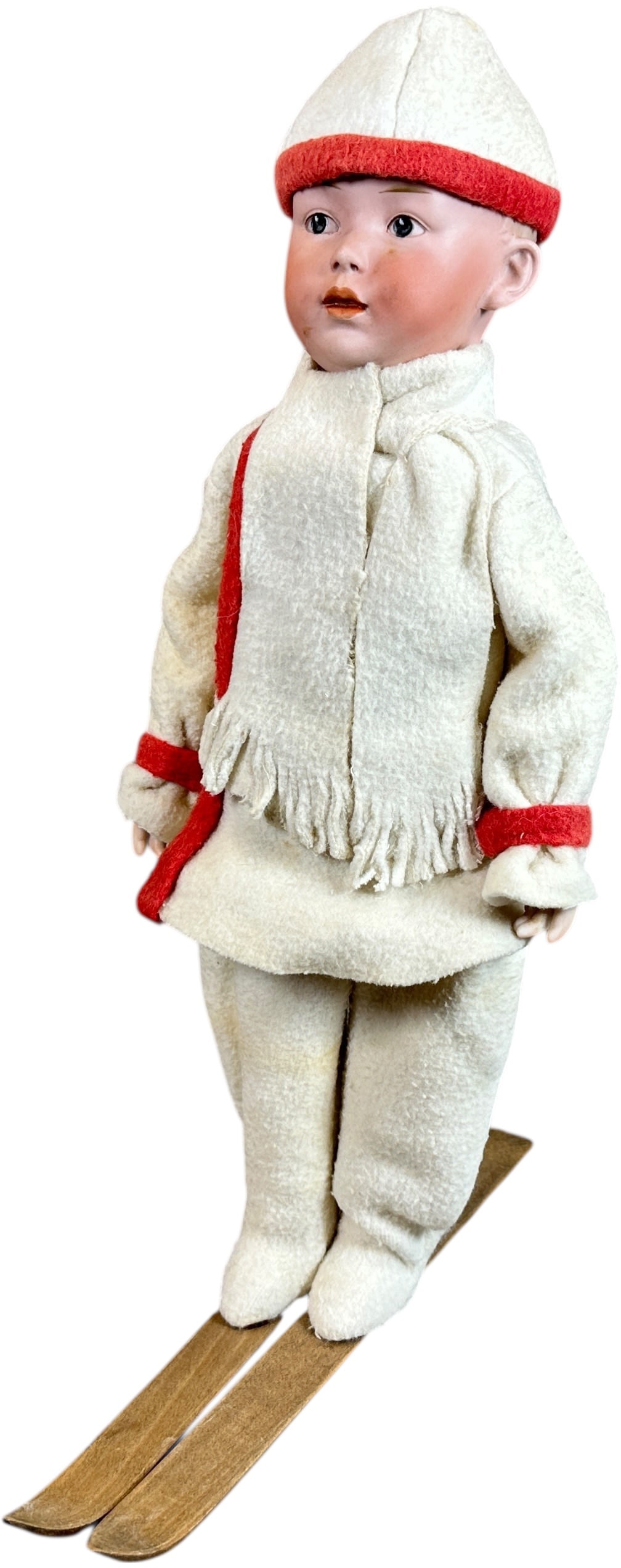 ENORMOUS HEUBACH SKIER CANDY CONTAINER: 72. ENORMOUS HEUBACH SKIER CANDY CONTAINER | Very large and clean, stands up well. Provenance: Ed & Brenda DeGarbolewski Collection. | 18.5" h. | (Pristine Condition) | $1,000 - $1,800