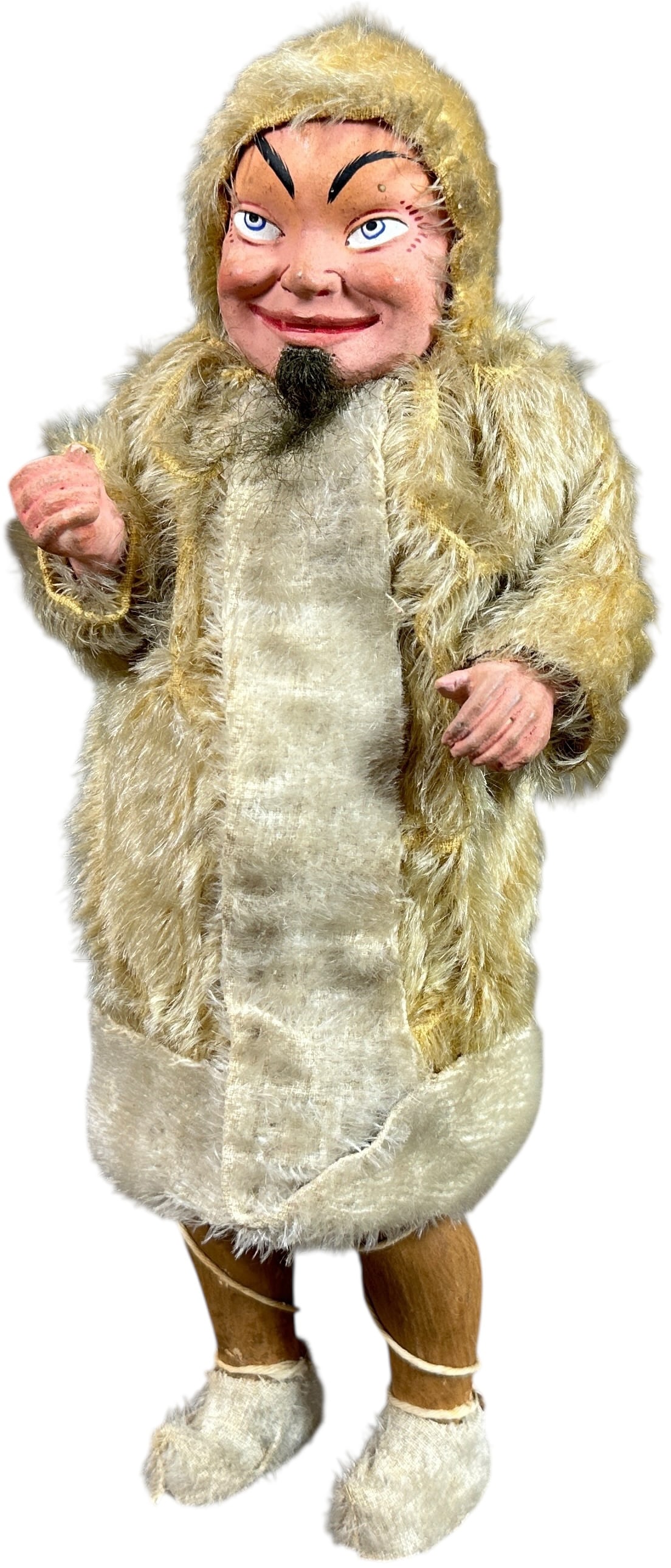 EARLY GERMAN ESKIMO CANDY CONTAINER: 75. EARLY GERMAN ESKIMO CANDY CONTAINER | Mohair coat, very unusual subject. Provenance: Ed & Brenda DeGarbolewski Collection. | 13.5" h. | Brown on legs possibly redone, otherwise (Excellent